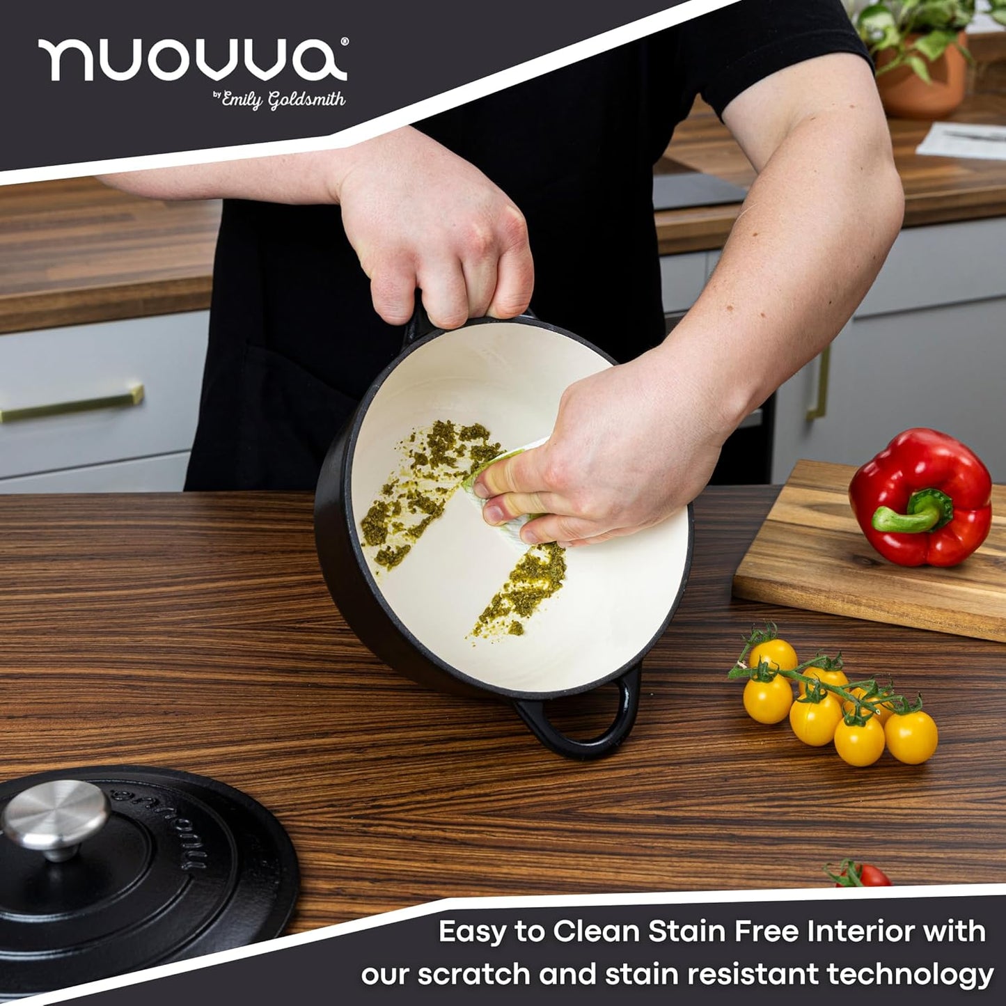 Cast Iron Dutch Oven with Lid – Non-Stick Ovenproof Enamelled Casserole Pot – Sturdy Dutch Oven Cookware – Black, 3.1-Quart, 22cm – by Nuovva