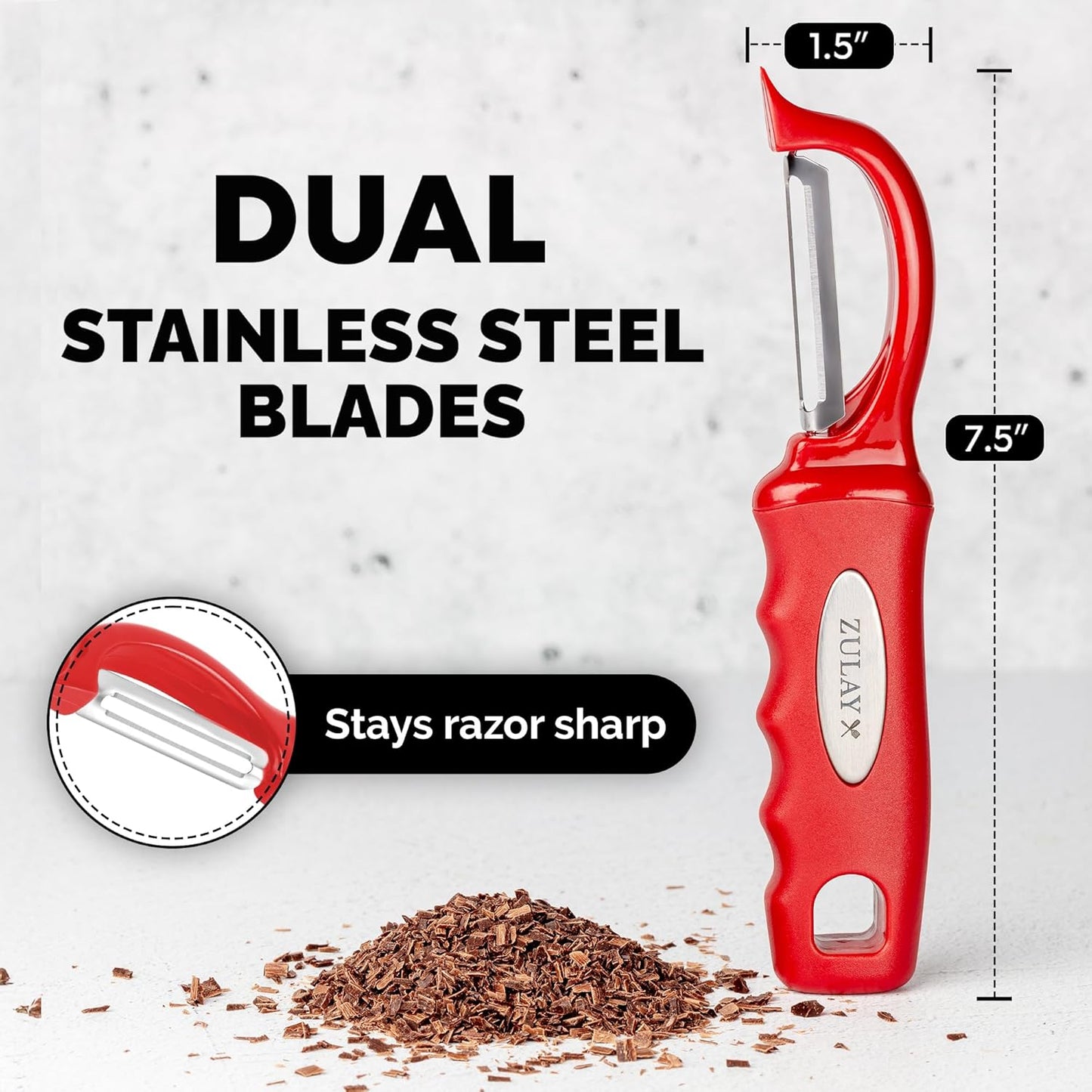 Zulay Kitchen Premium Vegetable Peeler for Kitchen - Swivel Peeler with Razor Sharp Stainless Steel Blades & Strong Ergonomic Handle - Dishwasher Safe, Easy To Use with Blemish Remover - Red