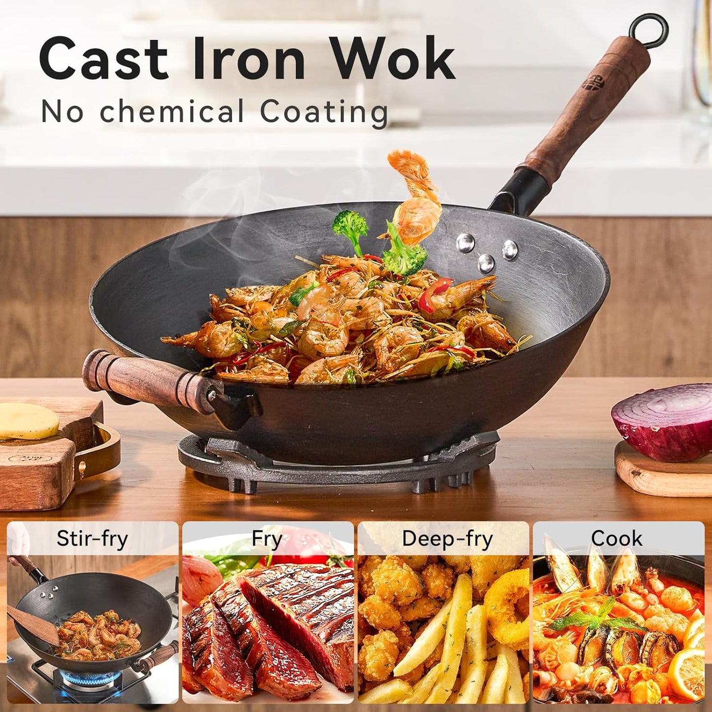 WANGYUANJI 13.4 Inch Cast Iron Wok with Glass Lid – Traditional Flat Bottom Chinese Wok, Heavy Duty Non-Coated Pan for Gas, Induction & Electric Stovetops, Black