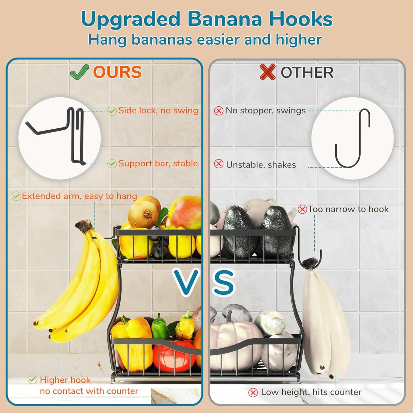 Large 2-Tier Fruit Basket for Kitchen Counter with 2 Banana Hangers – Metal Fruit Bowl for Onion, Vegetable, Snacks, Breads Storage – Countertop Organizer – Black, 14.5" W x 9.5" D