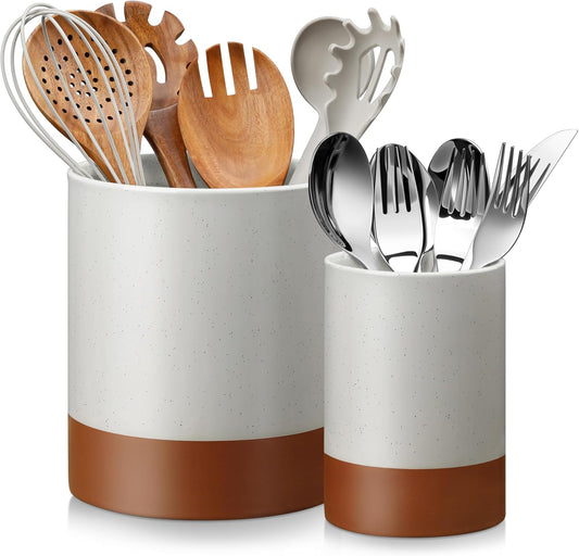 MALACASA Utensil Holder, 7.3"+5.5" Ceramic Kitchen Utensil Holder for Countertop, Large Cooking Utensil Crocks for Kitchen Counter, Farmhouse Utensils Organizer, Set of 2, Khaki Gray, Series TARA