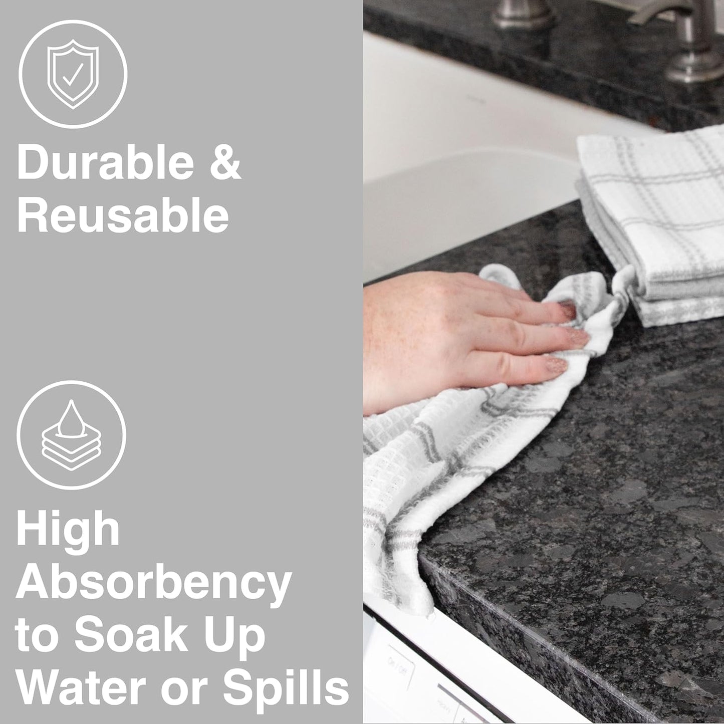 T-fal Premium Waffle Dish Cloths: Highly Absorbent, Super Soft Long Lasting - 100% Cotton, 12"x13" Towel for Cleaning & Drying, (8-Pack), Gray