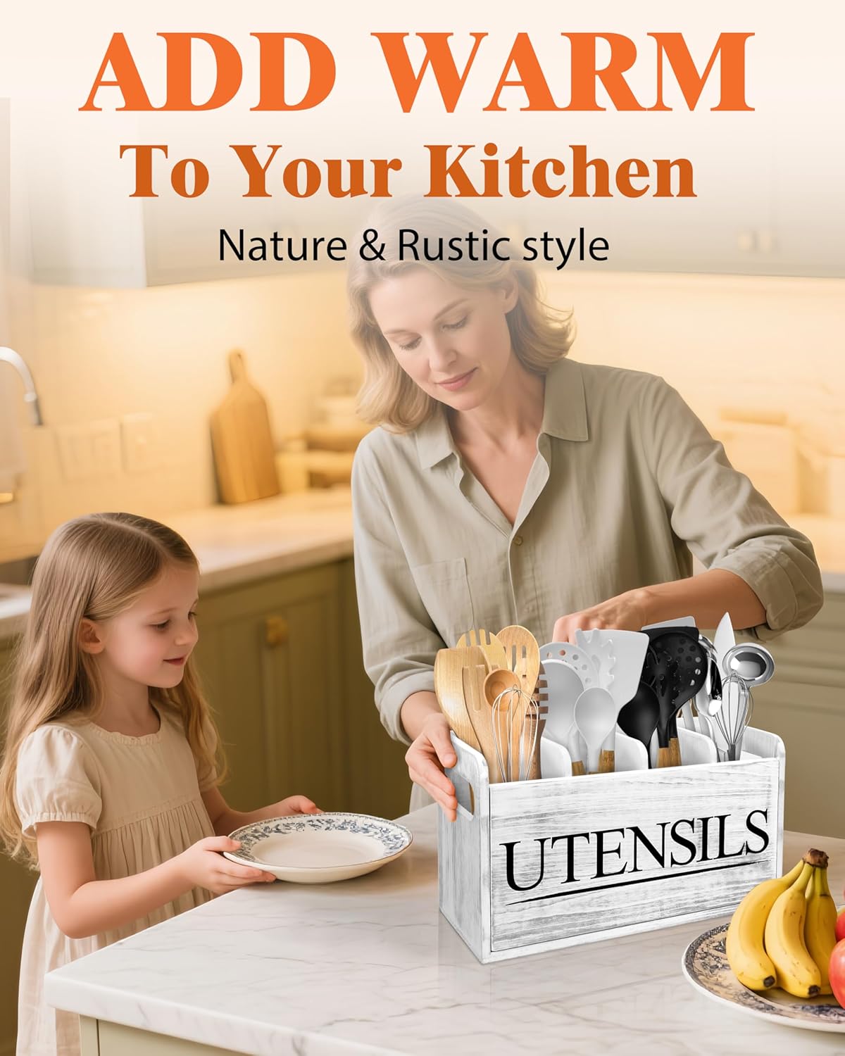 Kitchen Utensil Holder for Kitchen Counter Large Wooden Organizer for Cooking Utensils Utensil Holder Counter Rustic Décor