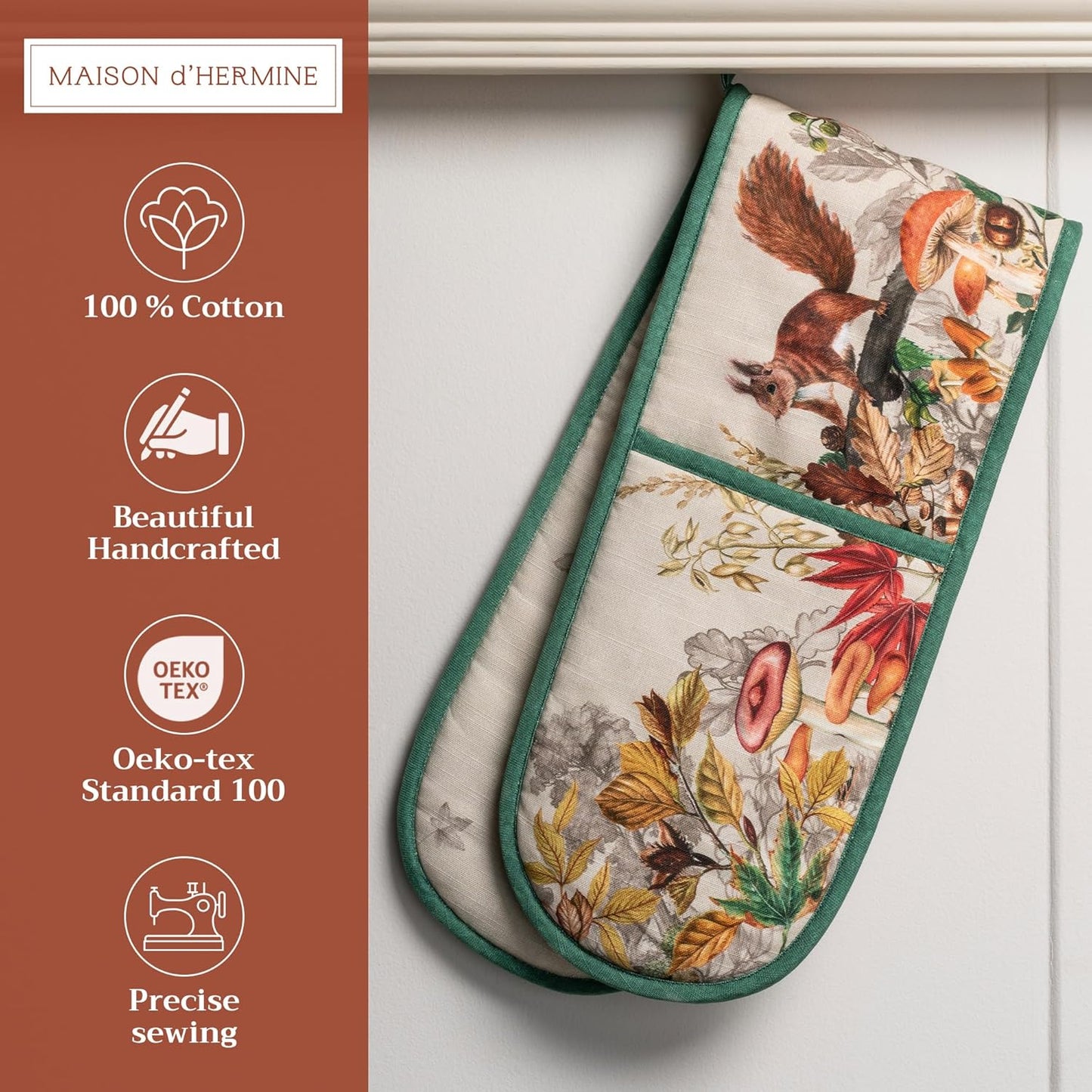 Maison d' Hermine Double Oven Mitts 100% Cotton 7"x35" Double Oven Mitt Heat Resistant BBQ Cooking Gloves with Loop, Baking, Grilling, Home, Kitchen, Handling Hot Pans (Recolte)