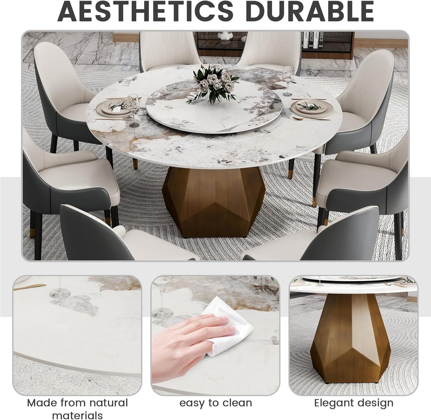 Montary 9 Piece Dining Table Chairs Set, Modern Dining Table Set of 8, Includes 59" D Marble Round Table with Antique Brass Metal Base, 8 Gray White Dining Chairs for Home, Kitchen
