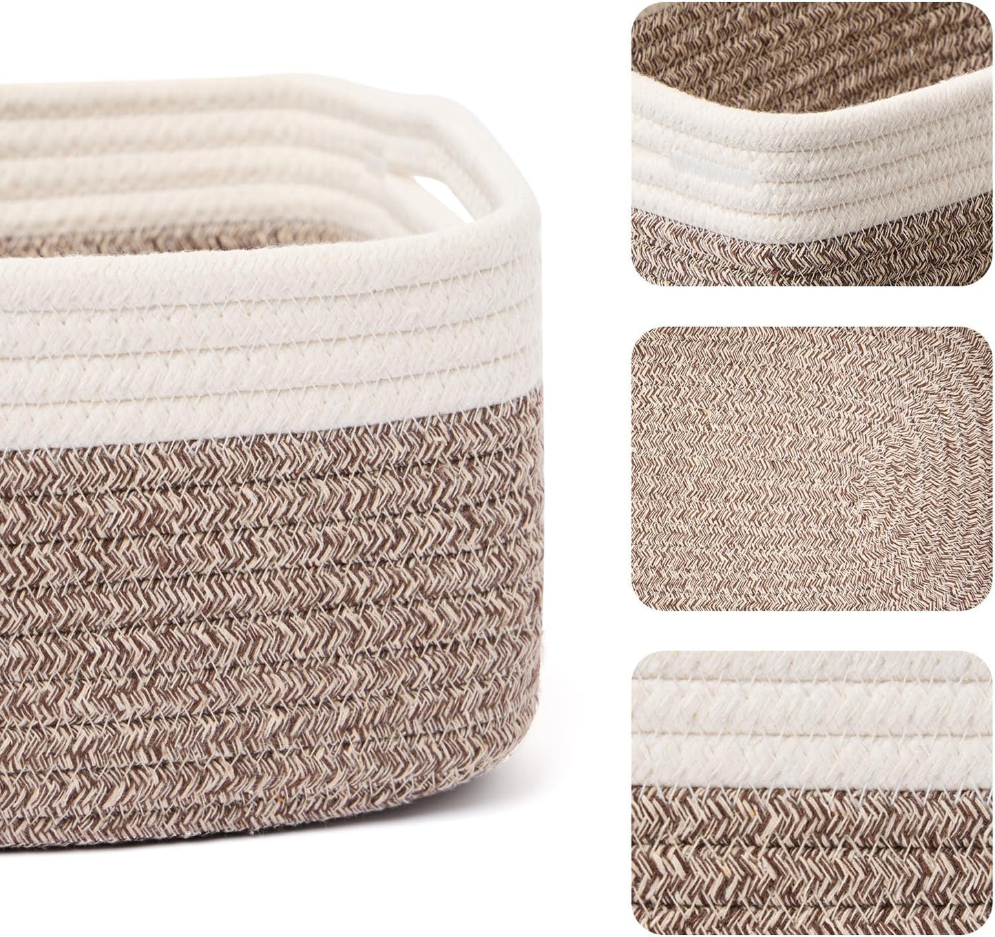 Small Storage Baskets for Organizing | Closet Organizer Bins | Shelf Toy Basket | Woven Rope Baskets | Cube Decorative Box | Shallow Basket | 13x8.5x5.1” | 3 Packs White Brown