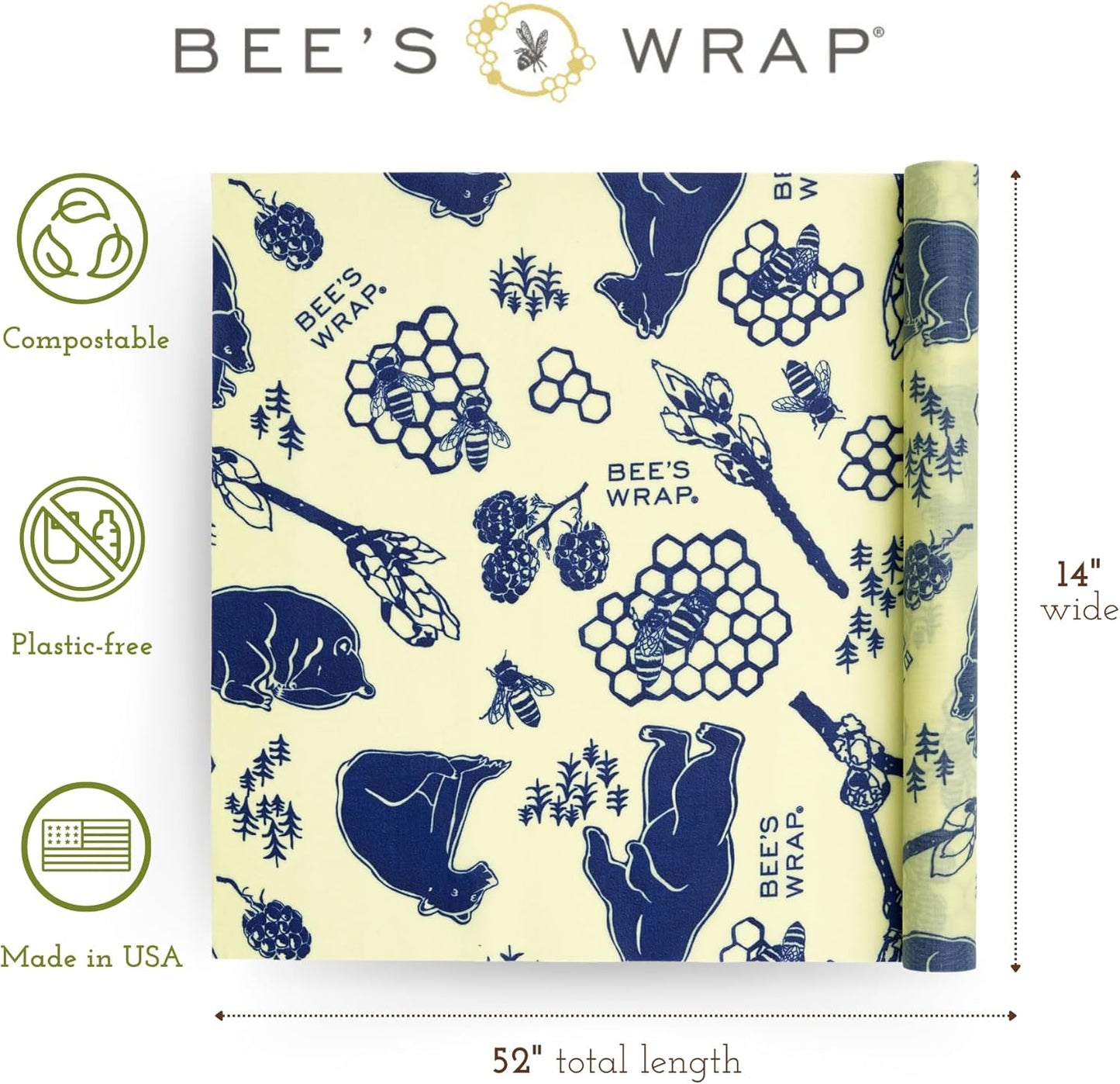 Bee's Wrap Beeswax Wraps for Food - Bees + Bears Cut to Size 14x52" Wax Paper Roll - Made in USA Reusable Waxed Paper & Bowl Covers - Organic & Eco-Friendly Alternative to Aluminum Foil & Plastic Wrap
