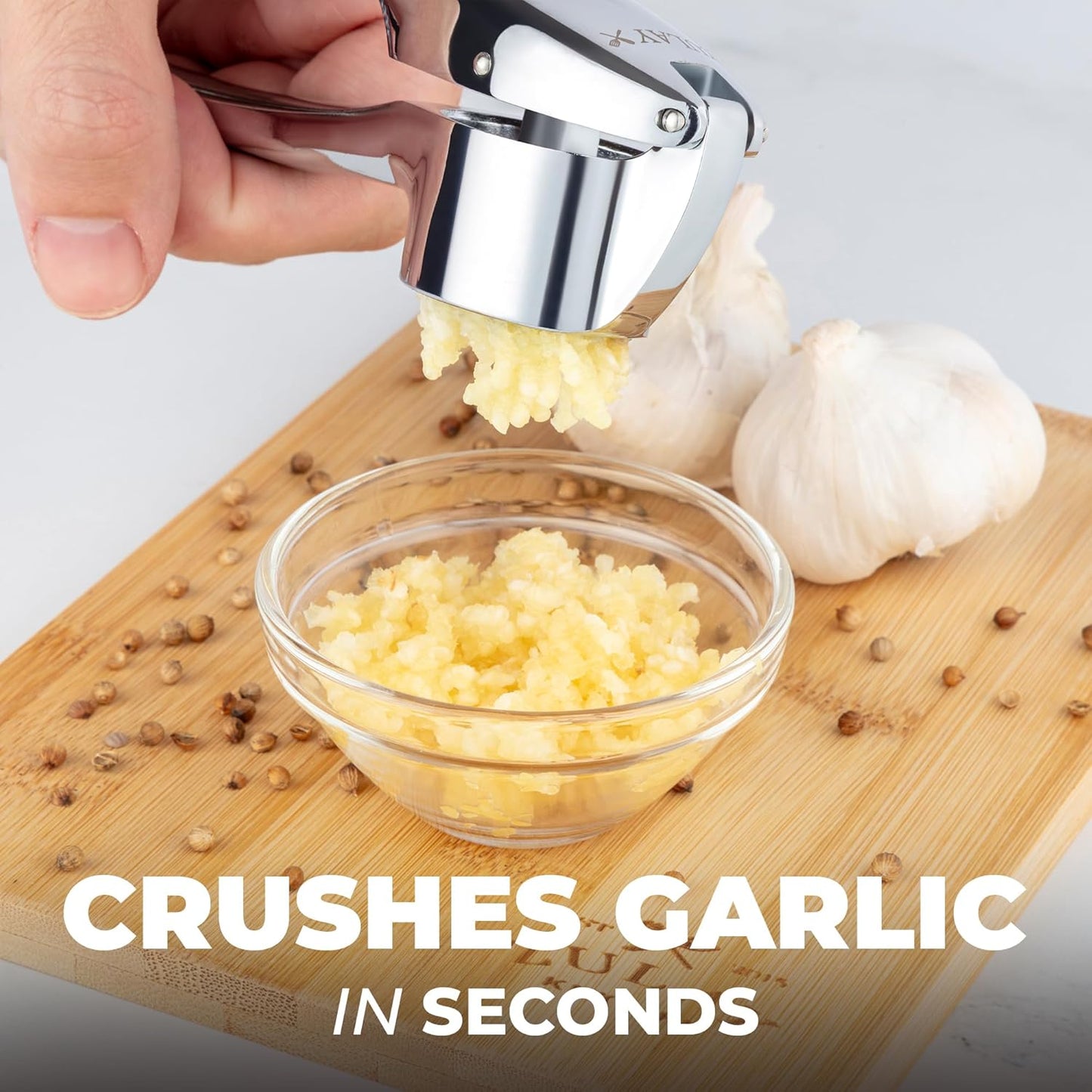 Zulay Kitchen Large Premium Garlic Press Set – Rust Proof & Dishwasher Safe, Bigger Bowl Garlic Mincer Tool with Silicone Garlic Peeler & Brush, Easy Squeeze & Clean, Ergonomic Handle - Chrome