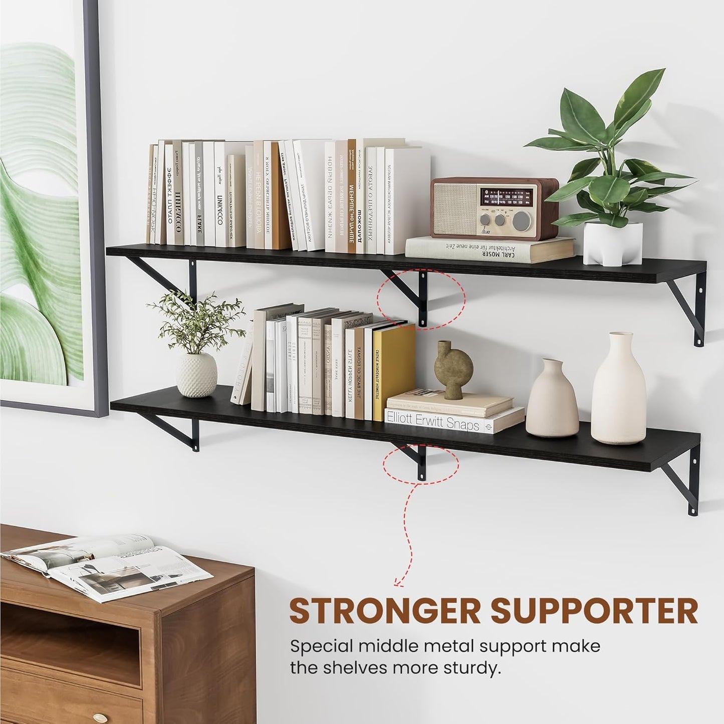 Heimlove Black Deep Floating Shelves for Wall, 48W x 12D Wood Wall Shelves Set of 2, Wide Floating Bookshelf for Living Room, Kitchen, Office, Bedroom and Decor Storage, with Metal Bracket - Black