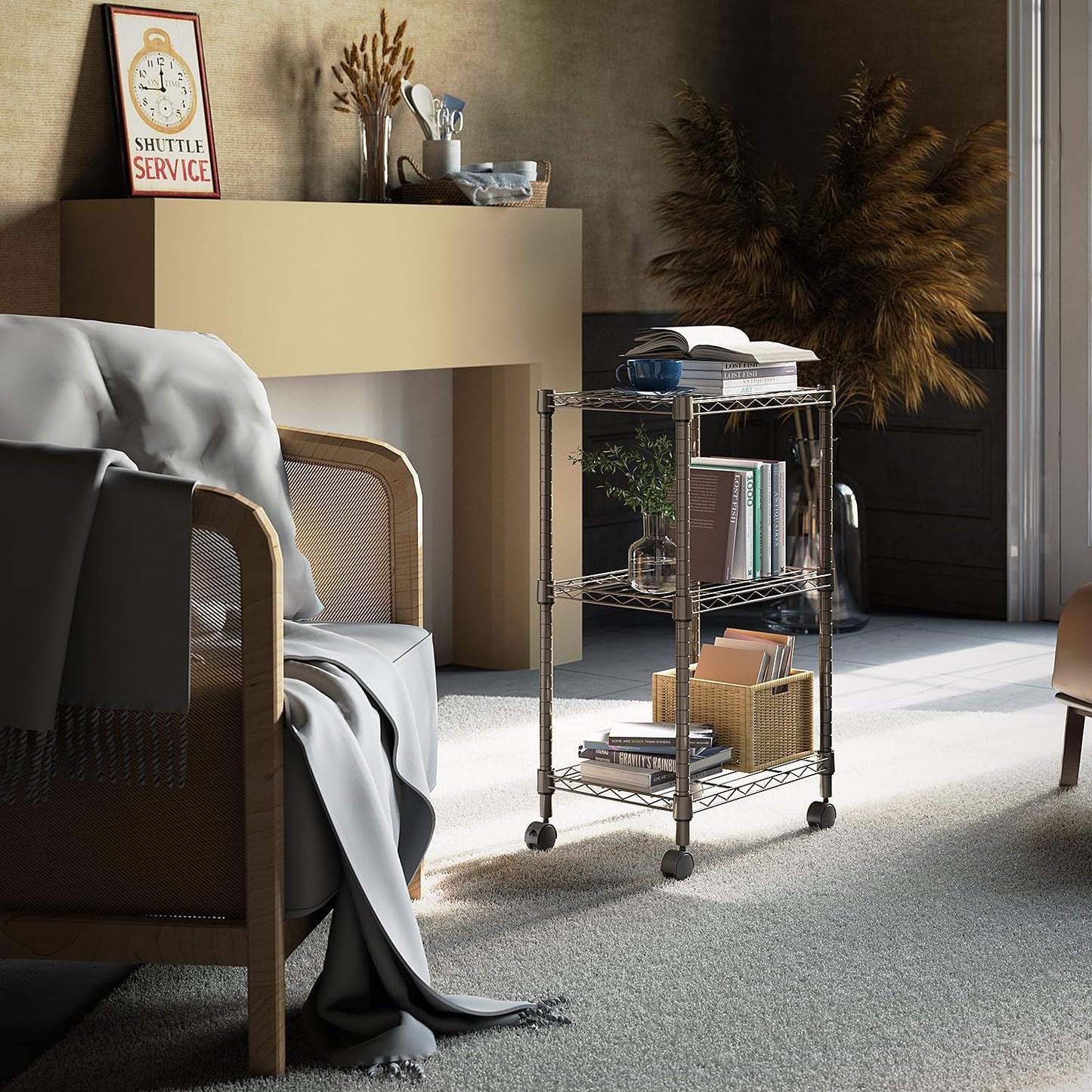 3 Tier Shelf Metal Storage Shelves Wire Rack Closet Organizers with Wheel for Garage Kitchen Bathroom Laundry Brown 11.8" D x 17.7" W x 29.8" H