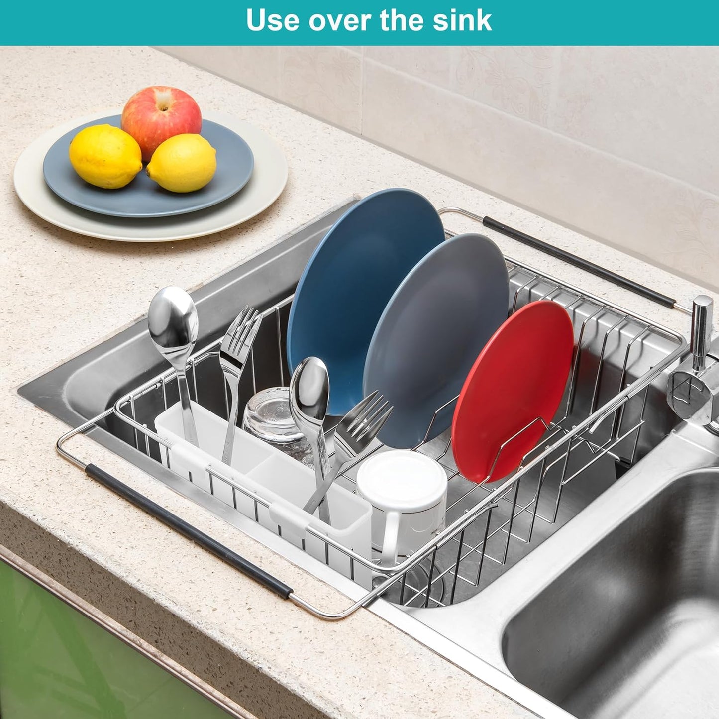 iPEGTOP Expandable Multifunctional Dish Drying Rack, Over The Sink, in Sink Or On Counter Dish Drainer Rack Organizer Shelf with White Utensil Silverware Holder, Rustproof Stainless Steel