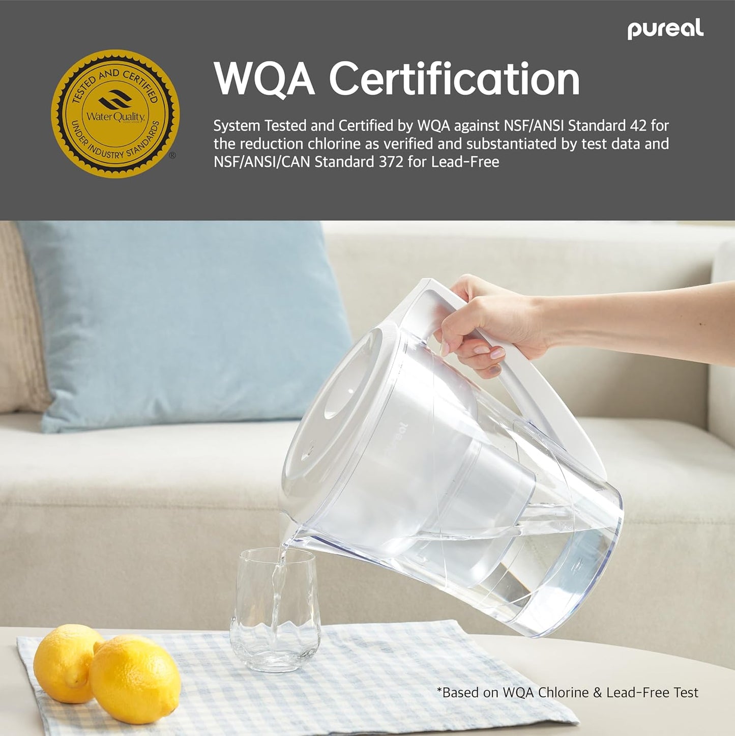Pureal Water Pitcher PPJ-350, WQA Gold Seal-Certified Water Purifier Reduces Chlorines and Chloroform, Chubby Large-Capacity (10 Cups) with Smart Filter Change Indicator