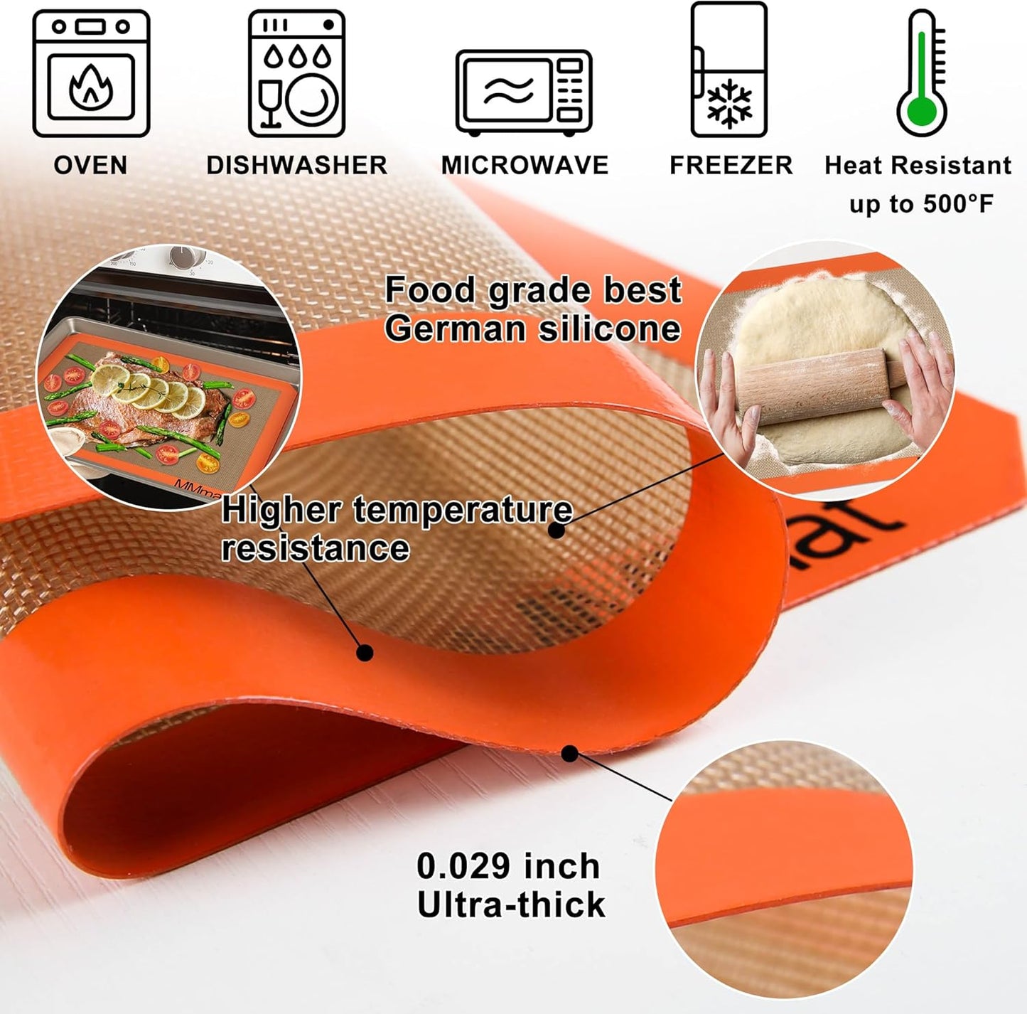 Silicone Baking Mats - Best German Silicone - Non Slip Silicone Baking Sheet, Non Stick Reusable Silicone Mats for Baking, Oven Liner, Counter Mat - Full Size Sheet
