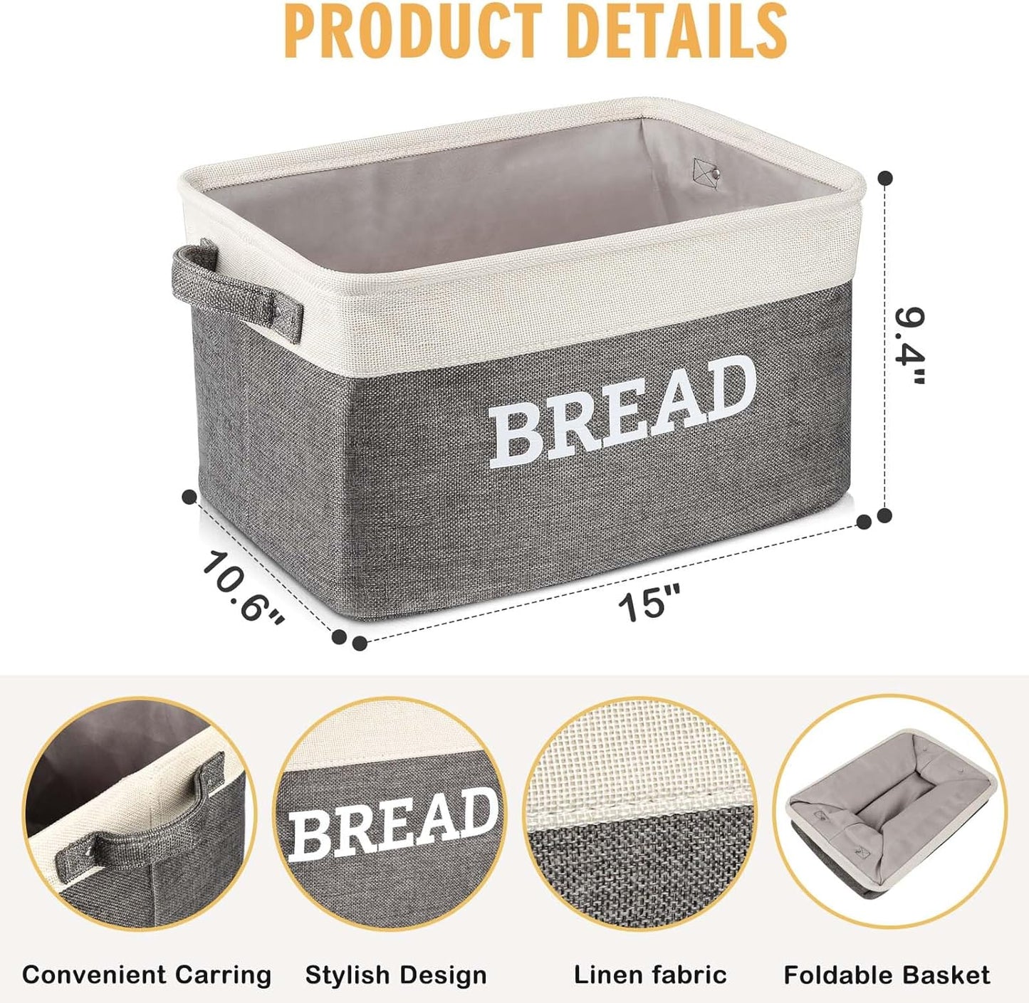 Bread Storage Basket for Kitchen, Foldable Fabric Bread Keeper Bread Storage Container Bin with Handles, Bread Baskets for Kitchen Counter and Pantry (White & Grey)