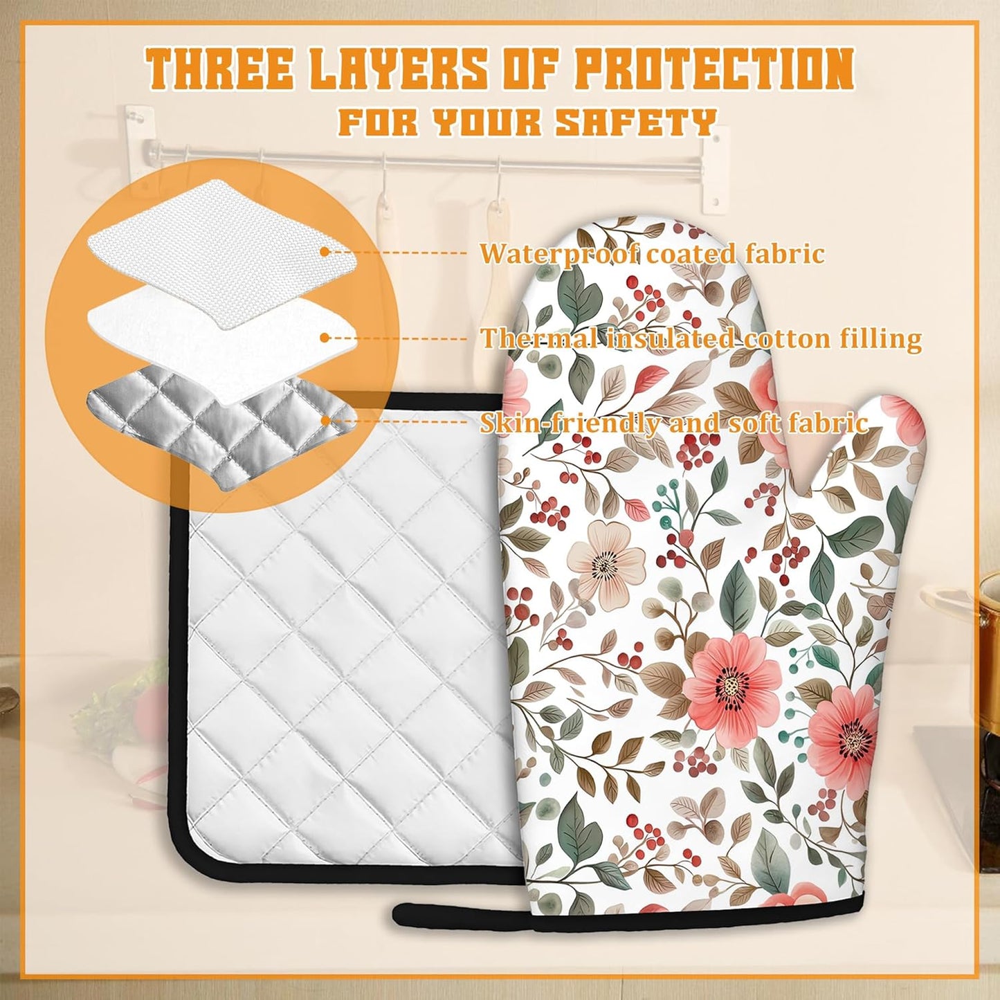 Pink Poppy Floral Oven Mitts and Pot Holders Set,Berry Kitchen Decor Heat Resistant Non Slip Hot Pads and Oven Mitt for Chef Cooking Baking BBQ Mom Girl Gifts(4 Piece Set)