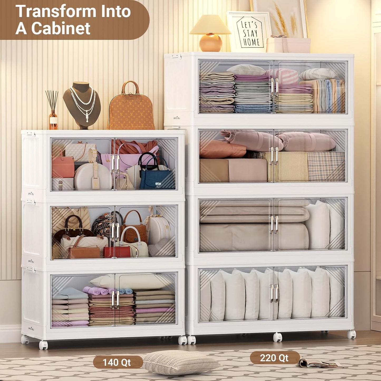 165Gal Plastic Stackable Storage Bins with Lid, 660QT Extra Large Closet Organizers Collapsible Cabinets Boxes With Drawers, Foldable Containers with 6x Wheels for Home Kitchen, V60 3Pack White