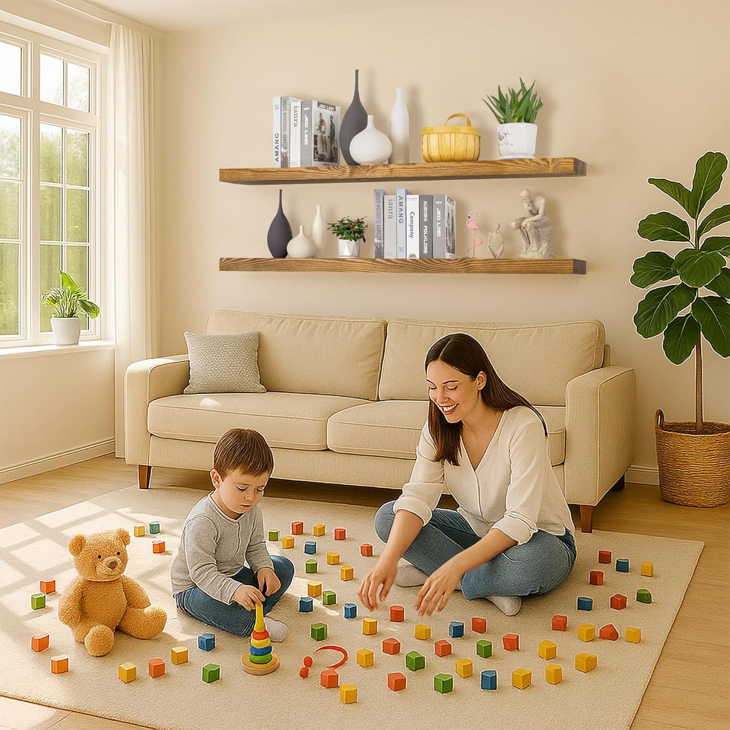 Rustic Floating Shelves 72 inch Long 8 "deep Set of 2, Heavy Duty Wood Wall Mounted Shelves for Bathroom Living Room Kitchen,Book Shelves with Thickened Hidden Bracket- Gold Oak