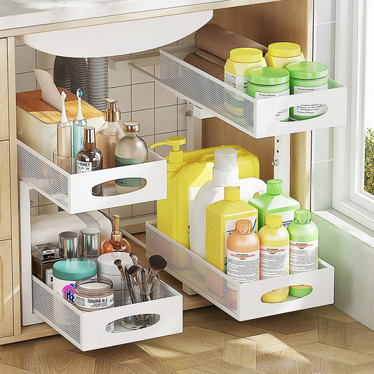 2-pack under sink organizer, 2-tier under sink organizer and storage, slide-out pull-out cabinet organizer with mesh metal sliding drawer for home kitchens, bathrooms, pantries (white)