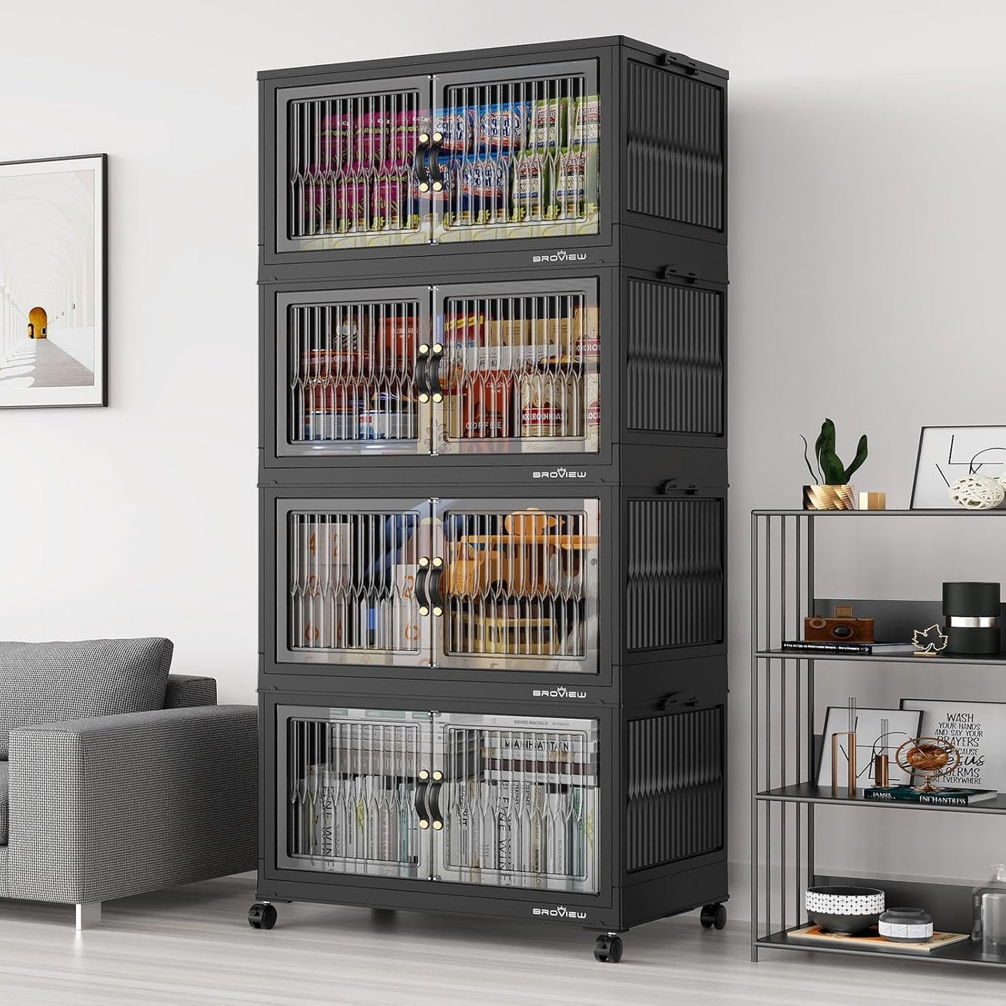 400Qt Stackable Storage Bins with Lid, Extra Large Closet Organizer Collapsible Drawer Boxes with Wheels, Folding Plastic Cabinet Containers for Home Kitchen Room Organization, 4Pack Black