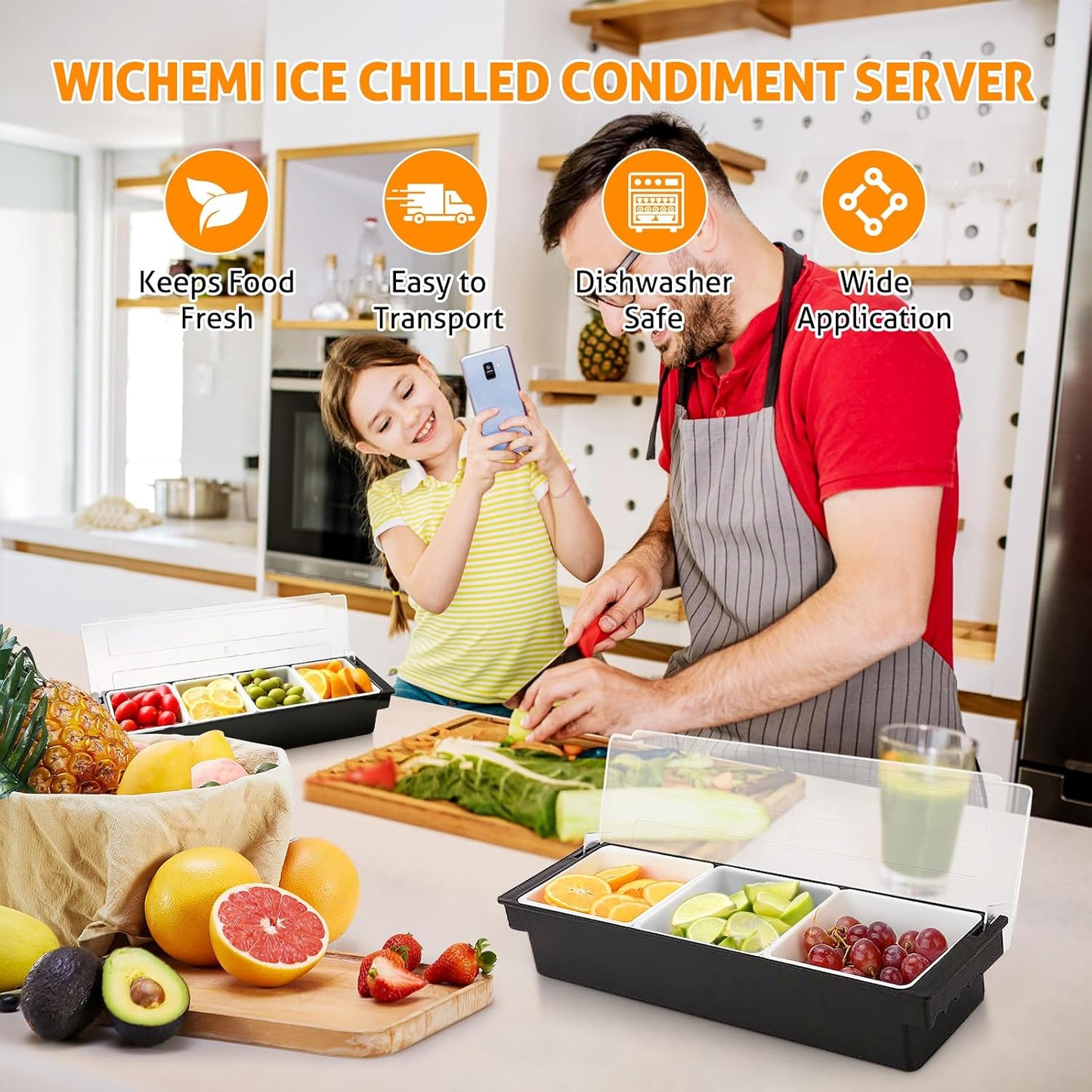 WICHEMI Fruit, Veggie & Condiment Caddy with Lid Dispenser Tray Plastic Garnish Station for Bartending & Serving Taco, Ice Cream, Salad Bar - Topping Organizer for Restaurant Supplies (3 Compartment)