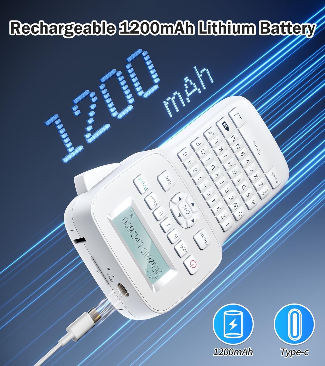 Portable Label Maker Machine with Tapes LM1600, Label Maker with QWERTY Keyboard, Rechargeable Handheld Labeler with Backlighting LCD Screen for Office School Use