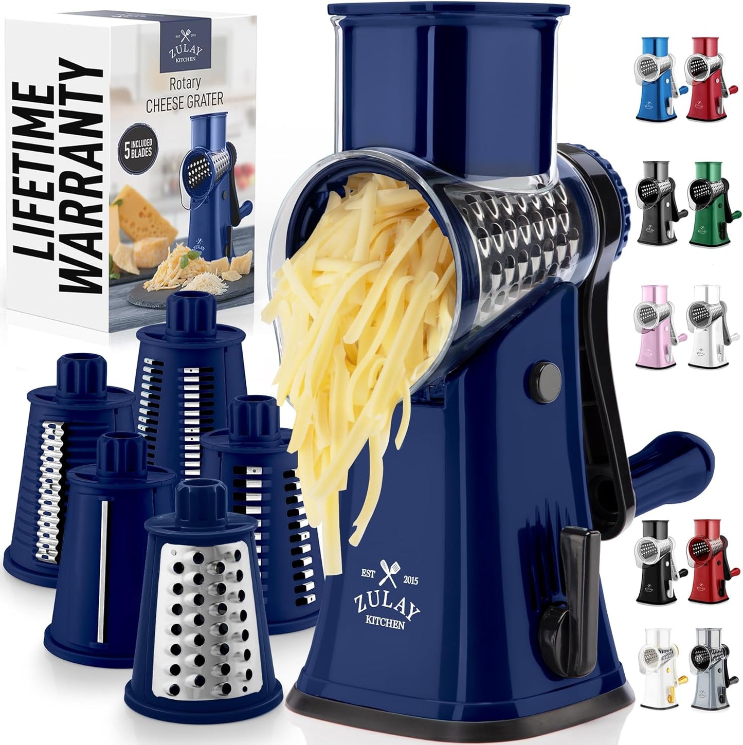 Zulay Kitchen Rotary Cheese Grater 5 Blade Cheese Shredder - Manual Hand Crank Cheese Grater With Reinforced Suction & 5 Interchangeable Drums - Easy to Use, Vegetable Chopper Round Mandoline Slicer