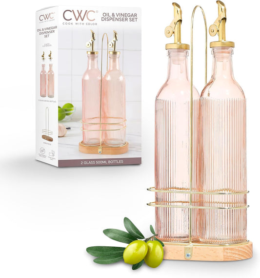 COOK WITH COLOR Glass Olive Oil Dispenser Bottle - 2 Pack, 17 oz Cruet - Elegant Carafe Decanter with Spout for Kitchen, Suitable for Vinegar, Coffee Syrups & Other Liquids
