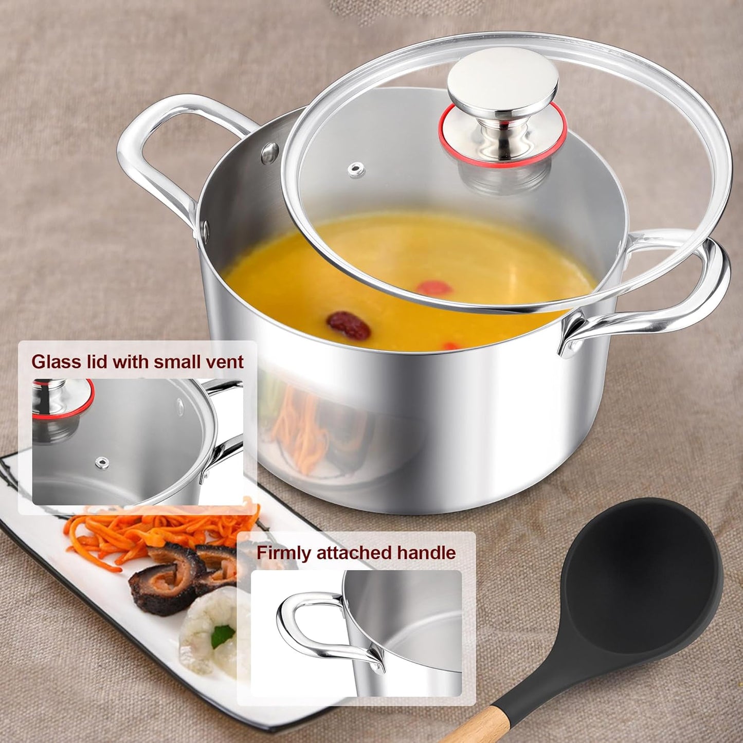E-far 5 Quart Stock Pot with Lid, 18/10 Tri-ply Stainless Steel Stockpot for Induction Ceramic Gas Stoves, Heavy Duty Cooking Pot for Pasta Soup Stewing Simmering, Oven and Dishwasher Safe