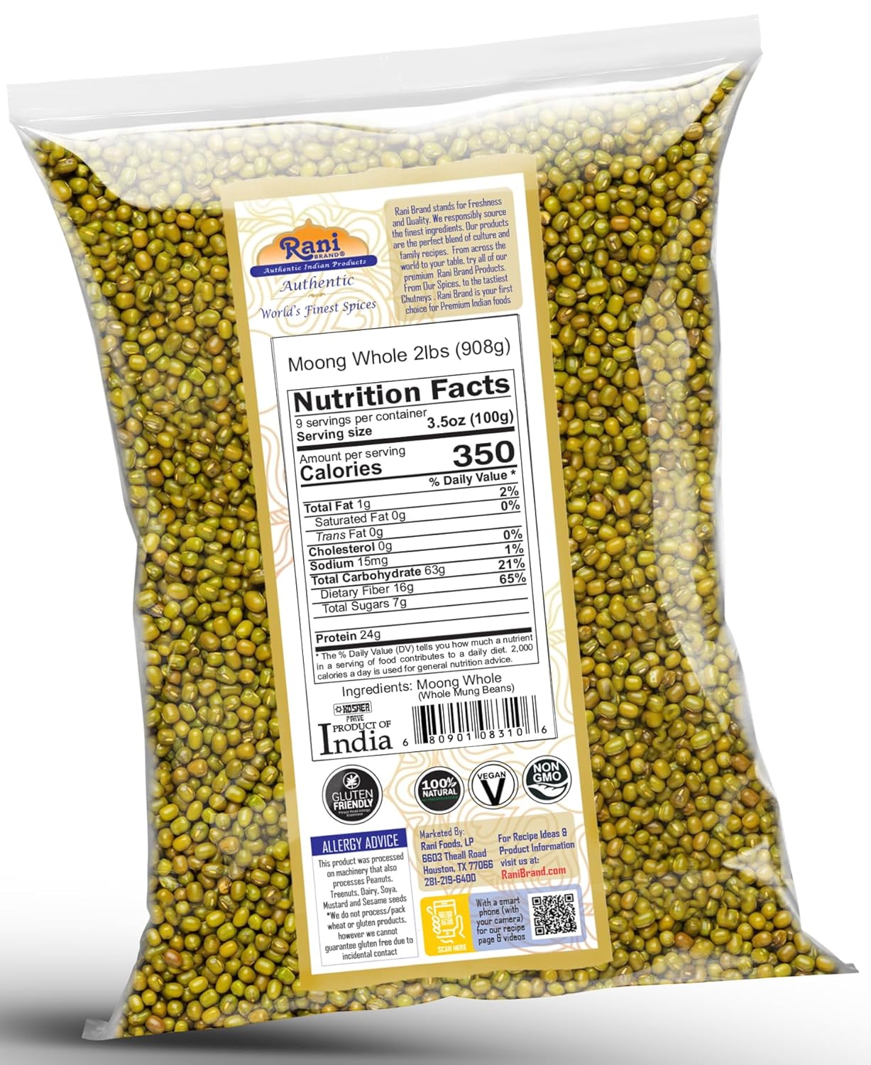 Rani Moong Whole (Ideal for cooking & sprouting, Whole Mung Beans with skin) Lentils Indian 32oz (2lbs) 908g ~ All Natural | Gluten Friendly | Non-GMO | Kosher | Vegan | Indian Origin