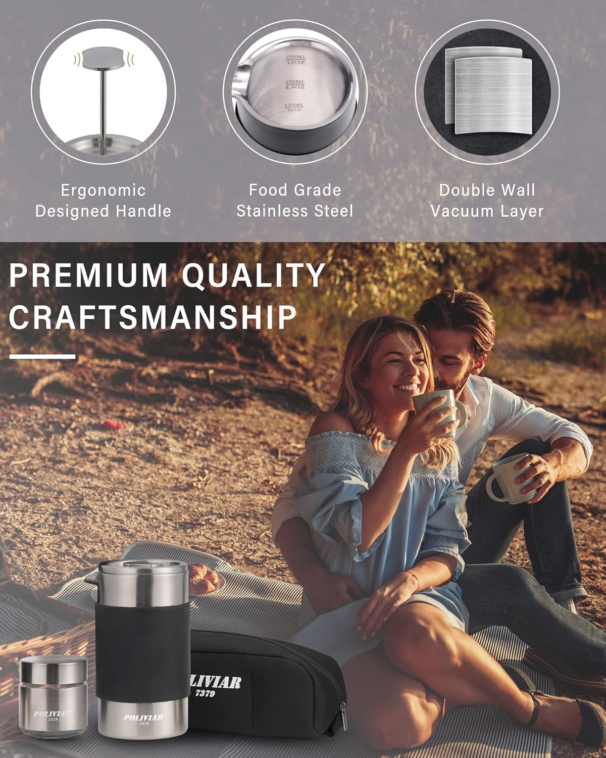 POLIVIAR French Press Coffee Maker, 12 oz Portable French Press with Mini Canister and Collection Bag, Double Wall Insulation & Dual- Filter Screen, Food Grade Stainless Steel for Coffee