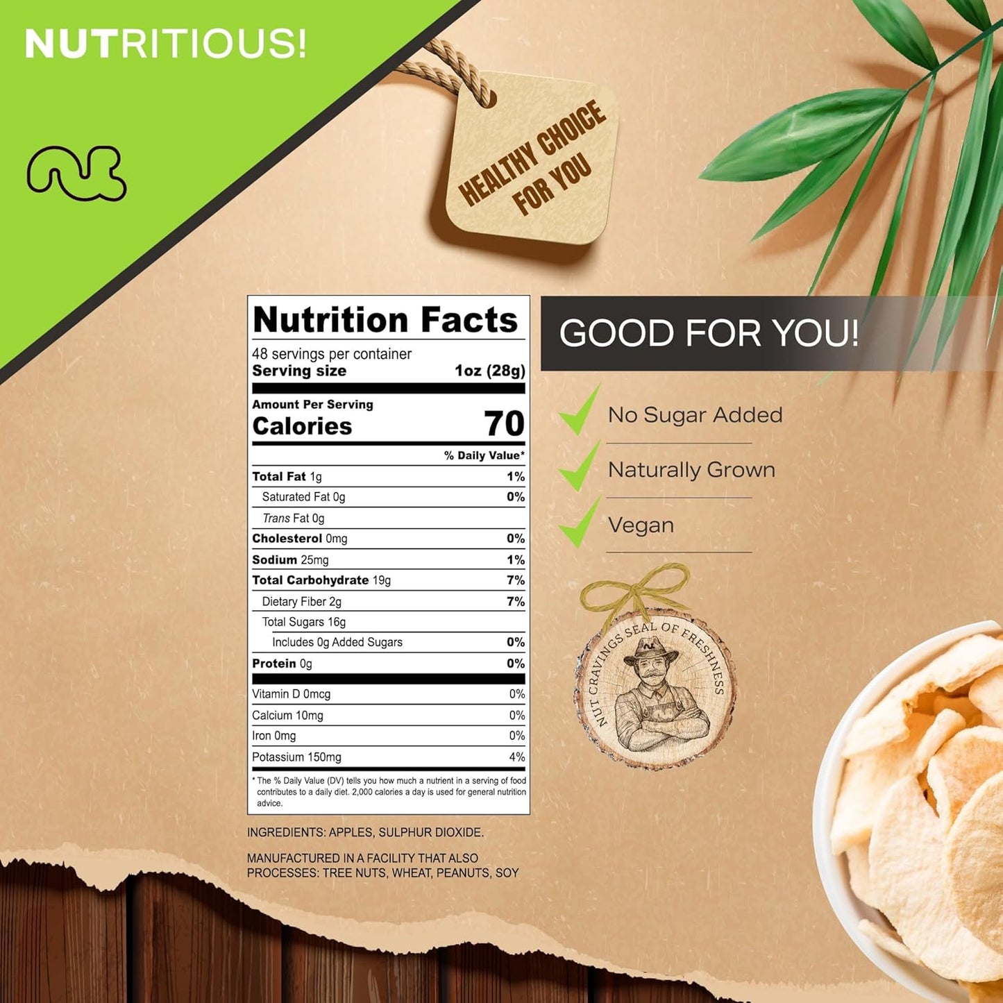 NUT CRAVINGS - Dried Apple Rings Slices, No Sugar Added - Chewy Soft Texture (48oz, 3 LB) Bulk Dry Fruits Packed Fresh in Resealable Bag - Sweet Healthy Snack, Naturally Grown, Vegan, Kosher