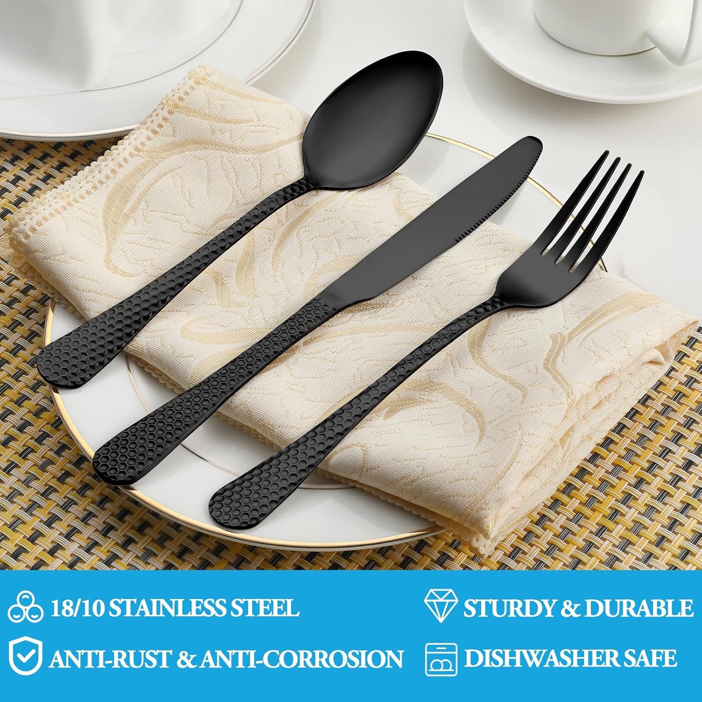 60 Pcs Black Hammered Silverware Set Service for 12,Stainless Steel Flatware Set,Mirror Polished Cutlery Utensil Set,Durable Kitchen Eating Tableware Set,Include Fork Knife Spoon Set,Dishwasher Safe