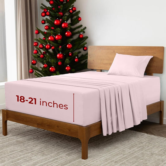 Mellanni Extra Deep Twin Sheets - 3 PC Iconic Collection Bedding - Hotel Luxury, Ultra Soft, Cooling Bed Sheets - Wrinkle, Fade, Stain Resistant (Twin, Blush Pink)