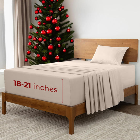 Mellanni Extra Deep Twin XL Sheets - 3 PC Iconic Collection Bedding - Hotel Luxury, Ultra Soft, Cooling Bed Sheets - Wrinkle, Fade, Stain Resistant (Twin Extra Long, Beige)