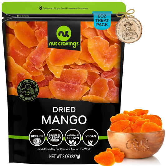 NUT CRAVINGS - Sun Dried Mango Slices, Lightly Sweetened (8oz, 1 Pack) Bulk Dry Fruits Packed Fresh in Resealable Bag - Sweet Healthy Snack, Naturally Grown, Vegan, Kosher