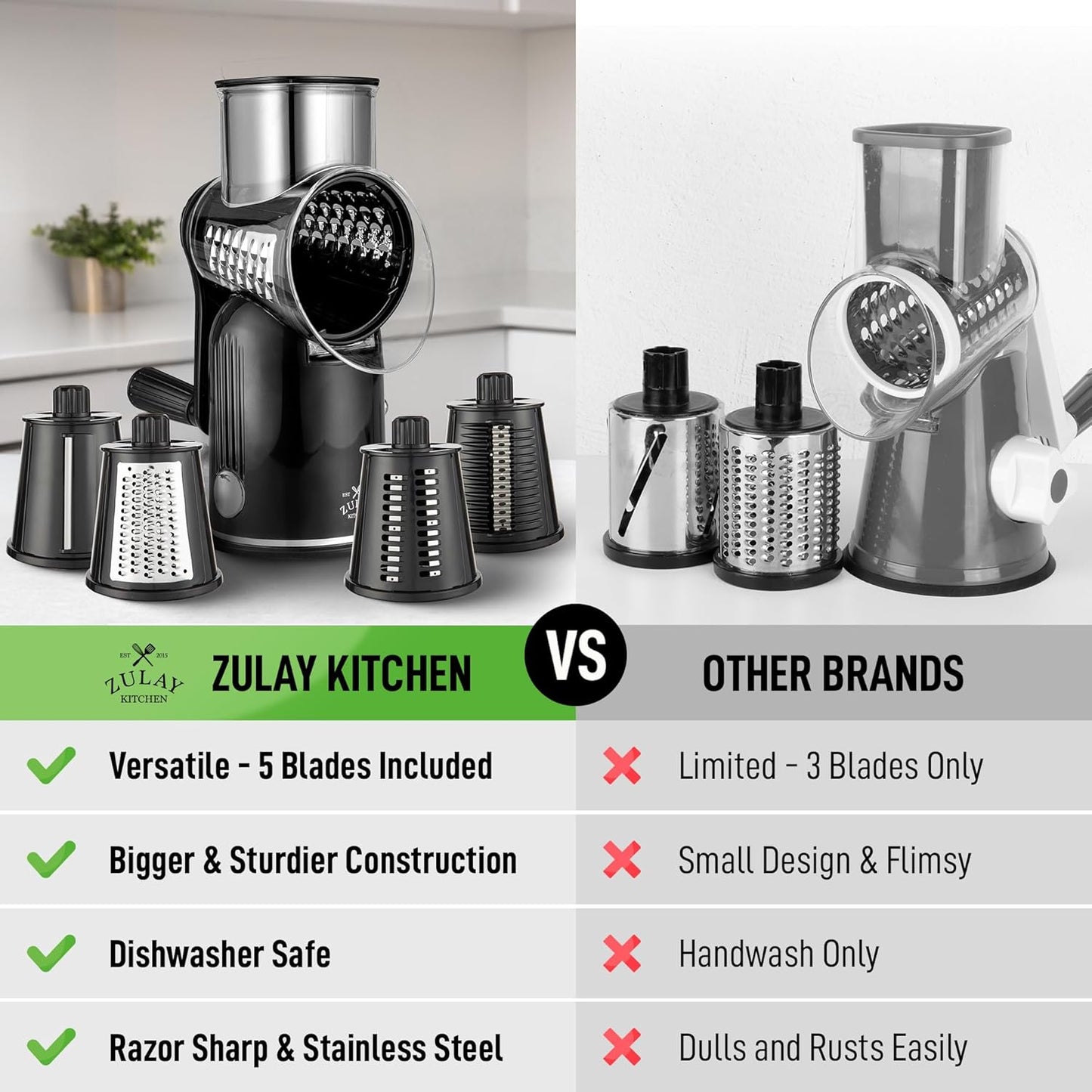 Zulay Kitchen Rotary Cheese Grater 5 Blade Cheese Shredder - Manual Hand Crank Cheese Grater With Reinforced Suction & 5 Interchangeable Drums - Easy to Use, Vegetable Chopper Round Mandoline Slicer