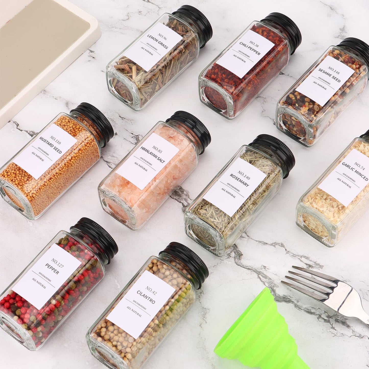 Spice Jars - 36 pieces, labeled spice jars with black metal lids, empty glass spice jar set, spice storage containers, kitchen set, ideal for organizing and storing food in the pantry.