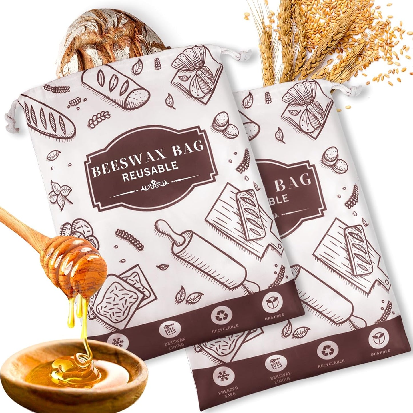 2-Pack Beeswax Bread Bags for Homemade Bread，Reusable Sourdough Storage Bags with Premium Beeswax Coating for Loafs Baguette Fresh Keeping,Great Baking Essentials and Gifts for Families & Friends.