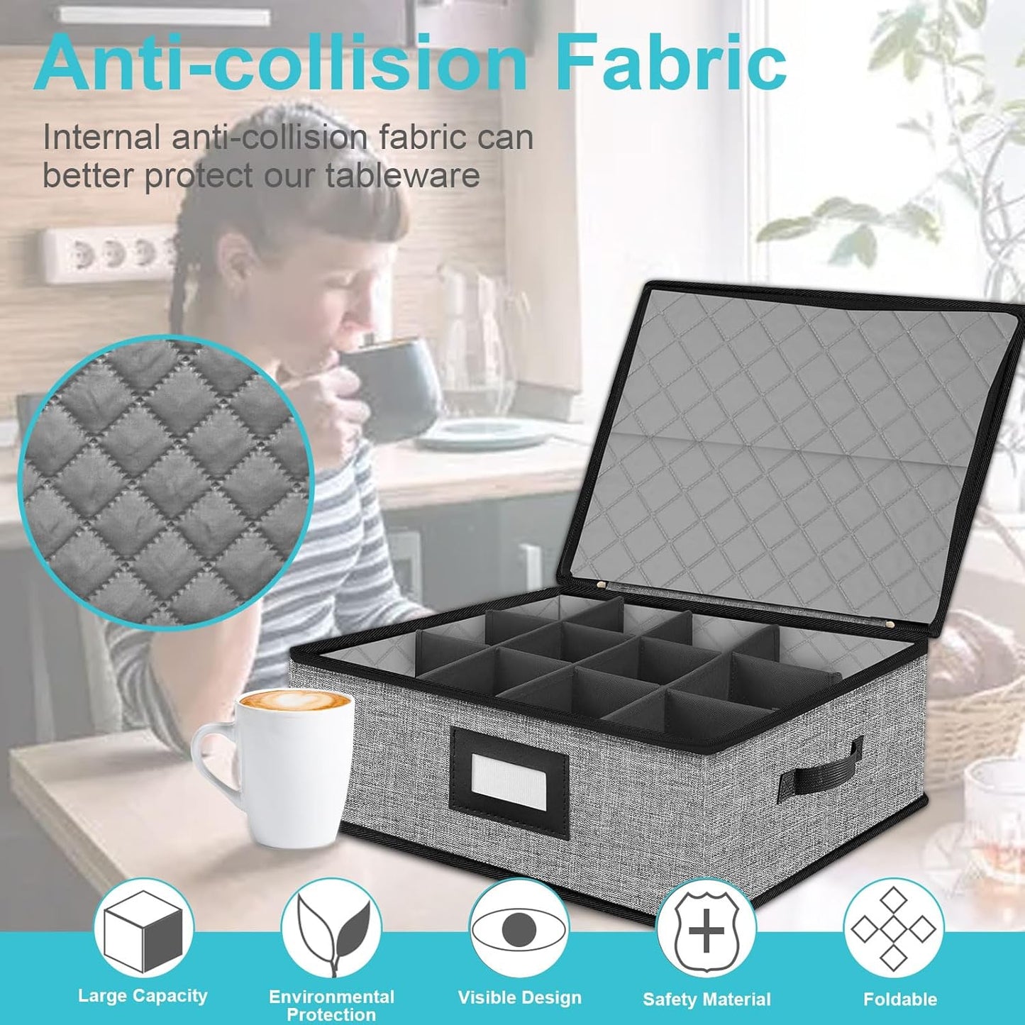 Quilted Mug Cup Storage Box-China Storage Containers Hard Shell,Cup Storage Containers with Lid for Moving Transport,Kichen Dinnerware Storage