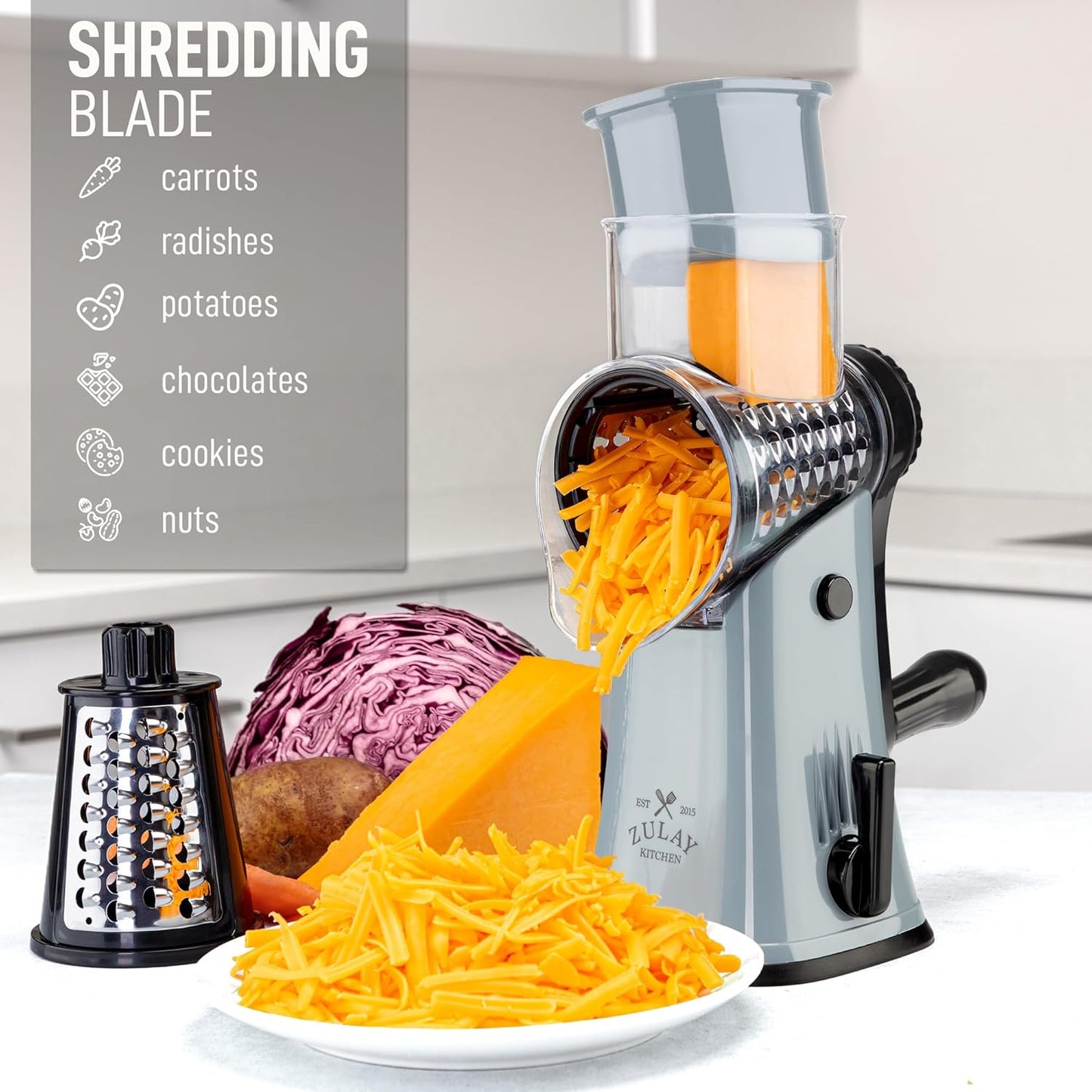 Zulay Kitchen Rotary Cheese Grater 5 Blade Cheese Shredder - Manual Hand Crank Cheese Grater With Reinforced Suction & 5 Interchangeable Drums - Easy to Use, Vegetable Chopper Round Mandoline Slicer