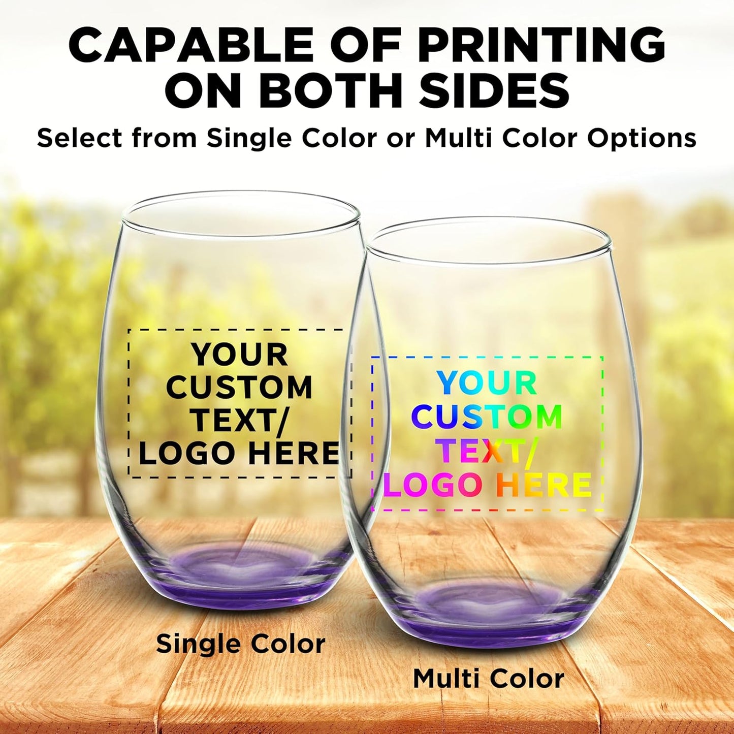 DISCOUNT PROMOS 50 ARC Stemless Wine Glasses Set, 21 oz. - Customizable Text, Logo - Chardonnay, Cabernet, Merlot, Sauvignon - Purple