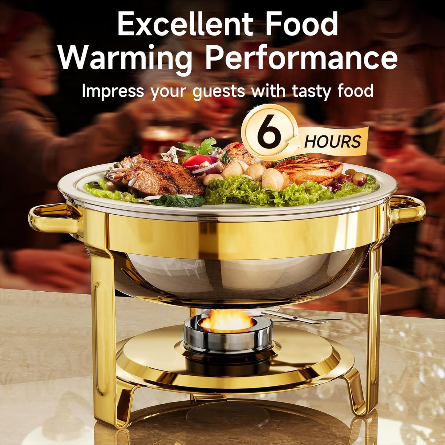 Chafing Dishes for Buffet, 4 Pack 5QT Round Stainless Steel Chafing Dish Set for Home Parties, Christmas Gatherings, Catering Events Complete Buffet Warmer Set (Golden 4)