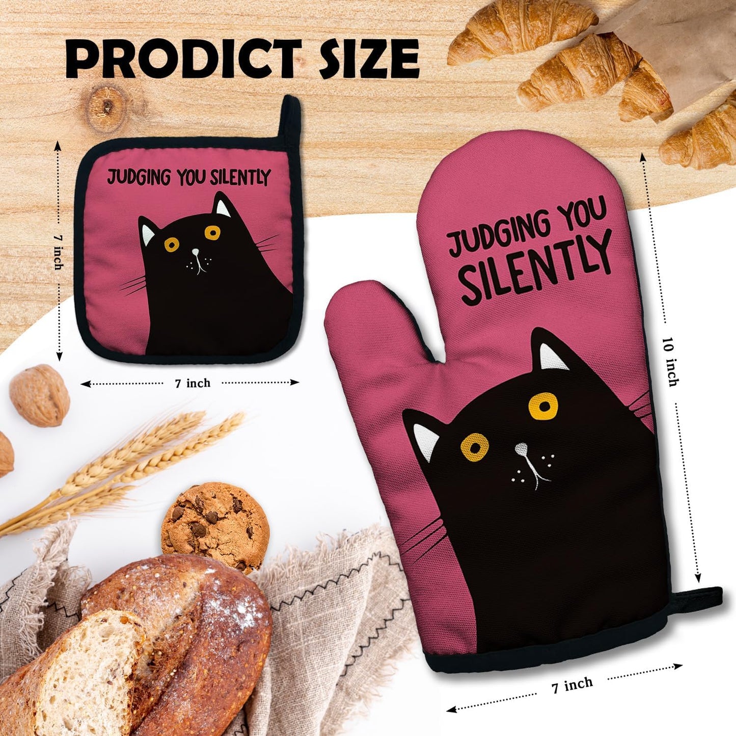 ZHANTUONE Judging You Silently Funny Heat Resistant Oven Mitts and Pot Holders Set with Silicone Non-Slip, Cute Cat Cooking Baking Gadgets, Gifts for Mom Aunt Sister BFF Cat Lover
