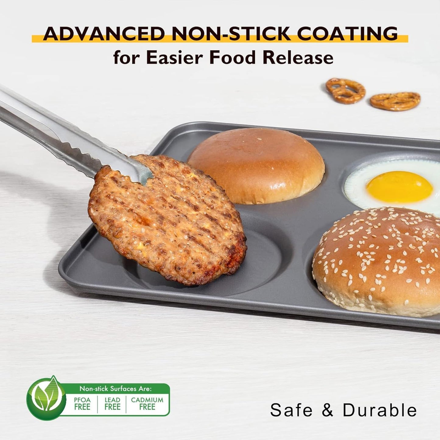 HONGBAKE Large Muffin Top Pan Set of 2, 4 Cup Nonstick Hamburger Bun Baking Pan, Jumbo Whoopie Pie Pan for Egg Sandwich, Cornbread, Layer Cake