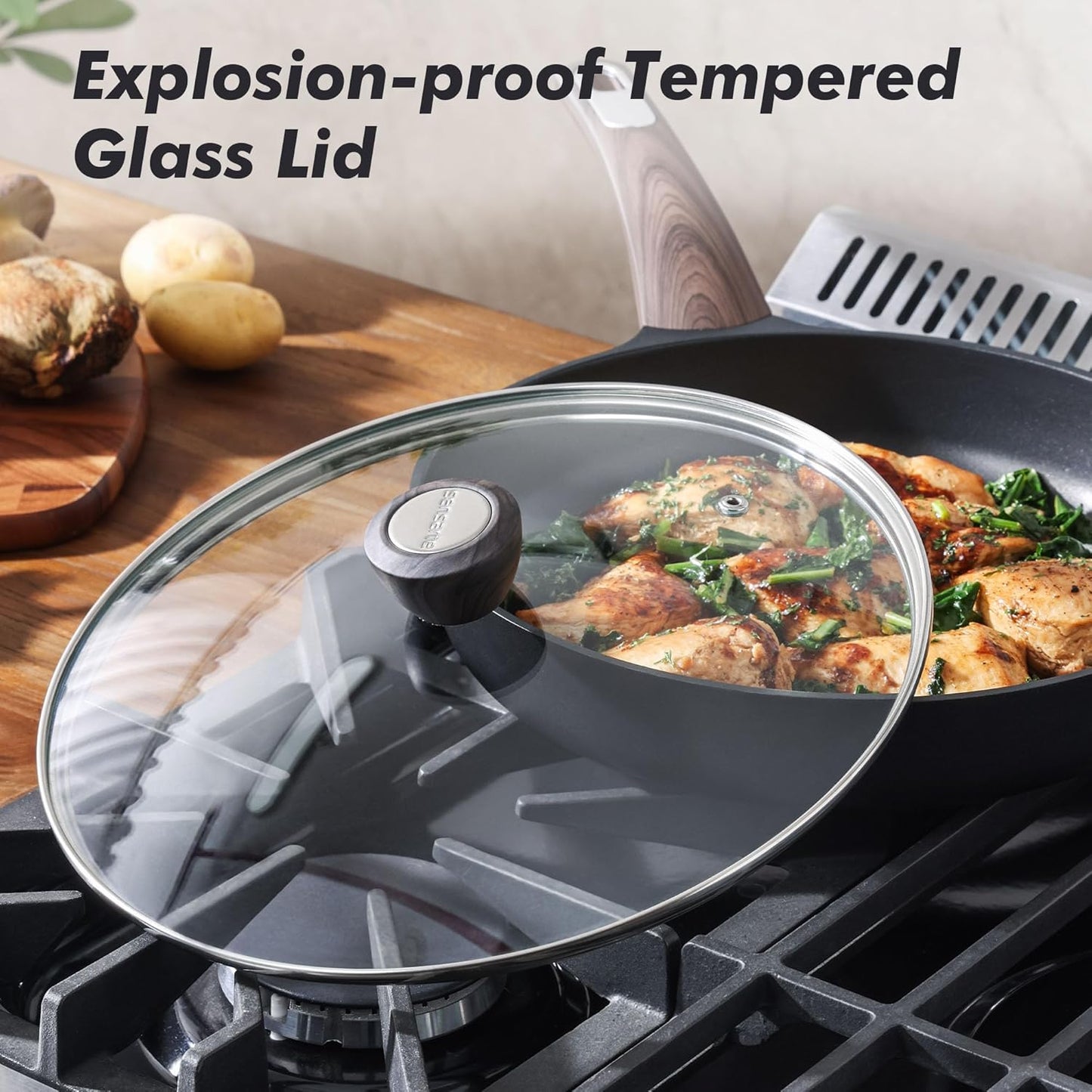 SENSARTE Nonstick Frying Pan Skillet with Lid 9.5Inch Non Stick Omelette Pans, Healthy Kitchen Cooking Chef's Pan with Cover, Free of Intentionally Added PFOA/PFOS, Induction Compatible, Black