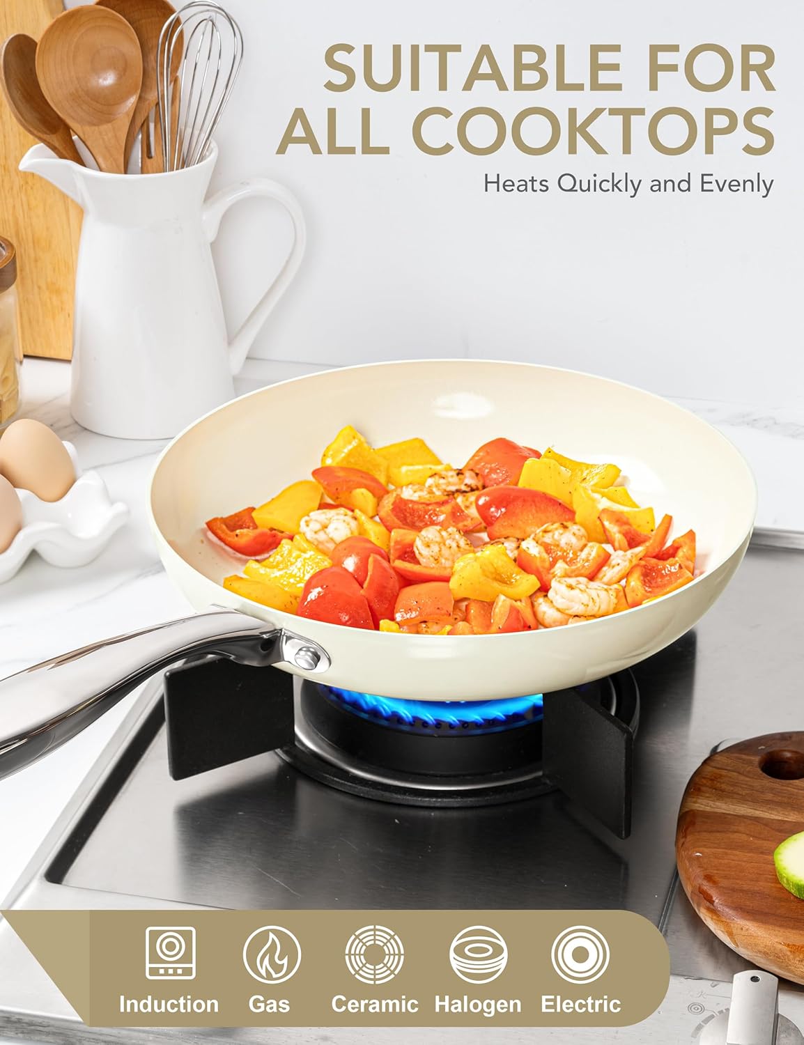 MICHELANGELO Large Frying Pan with Lid, 14 Inch Ceramic Skillet with Nonstick Coating, Healthy Non Stick Fry Pan, Induction Compatible, White