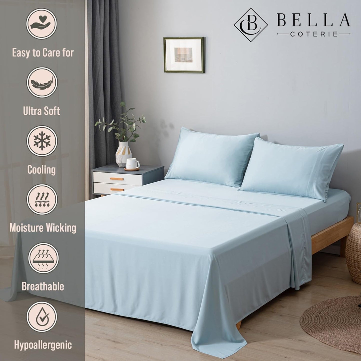 Bella Coterie Luxury Bamboo Viscose King Size Sheet Set | 100% Organically Grown | Ultra Soft | Cooling for Hot Sleepers | 18" Deep Pocket [Coastal Blue]