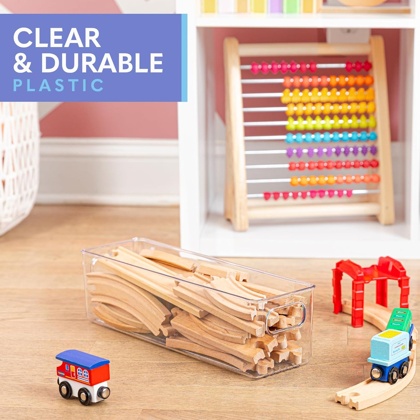 Plastic Food Storage 6 Pack Clear Container Bin with Handles for Organizing Kitchen, Pantry, Refrigerator, Freezer, Pantry, Cabinet, Closet, Bathroom. 14”x4”x4”