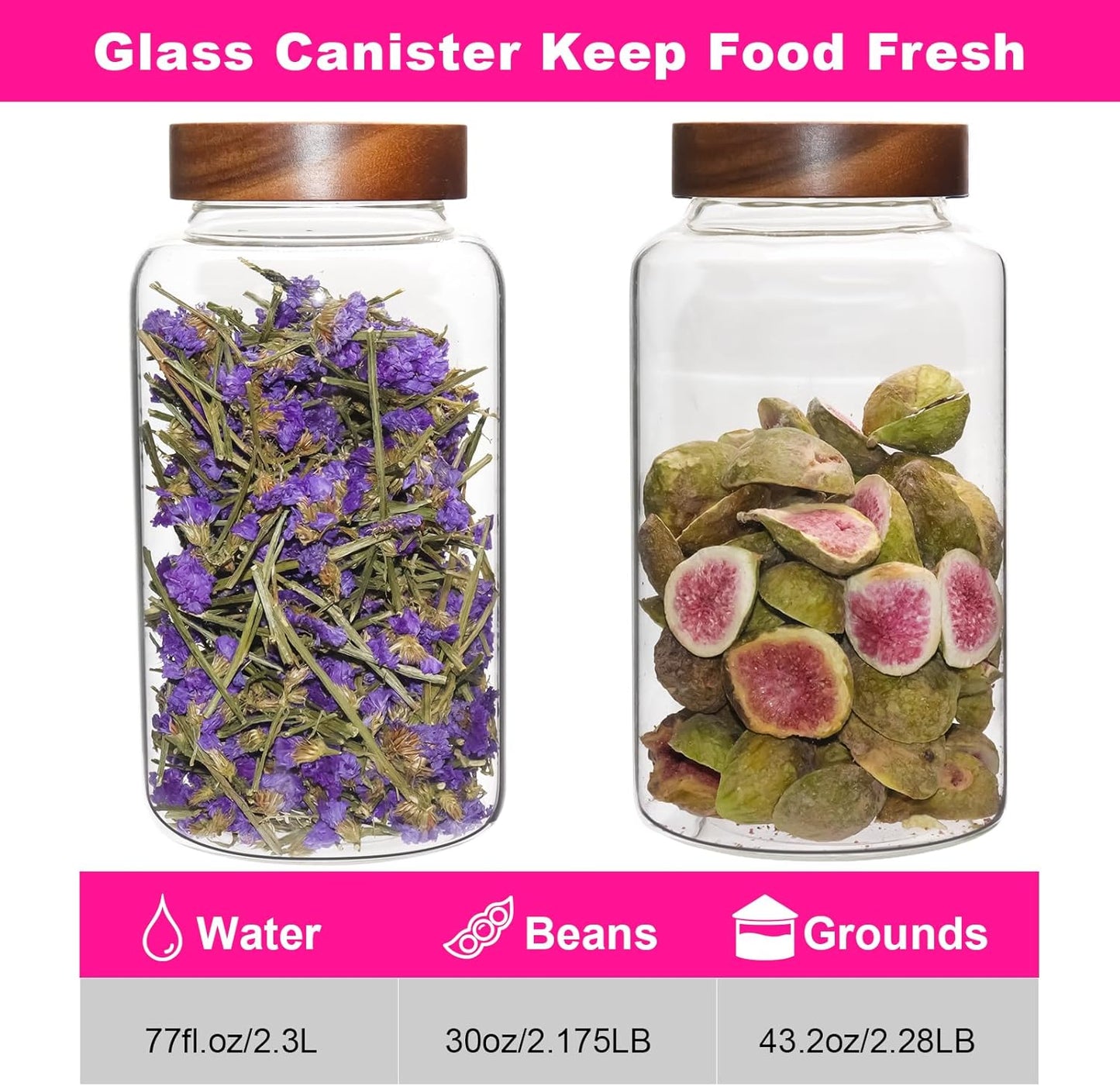 Glass Coffee Jars Spice Jar Round Storage Canister with Wooden Lid Clear Glass Food Jar for Pantry Sugar Tea Coffee Bean Spice Nuts Cookies Bath Salts (2300ml/77oz-2PACK(with spoon）)