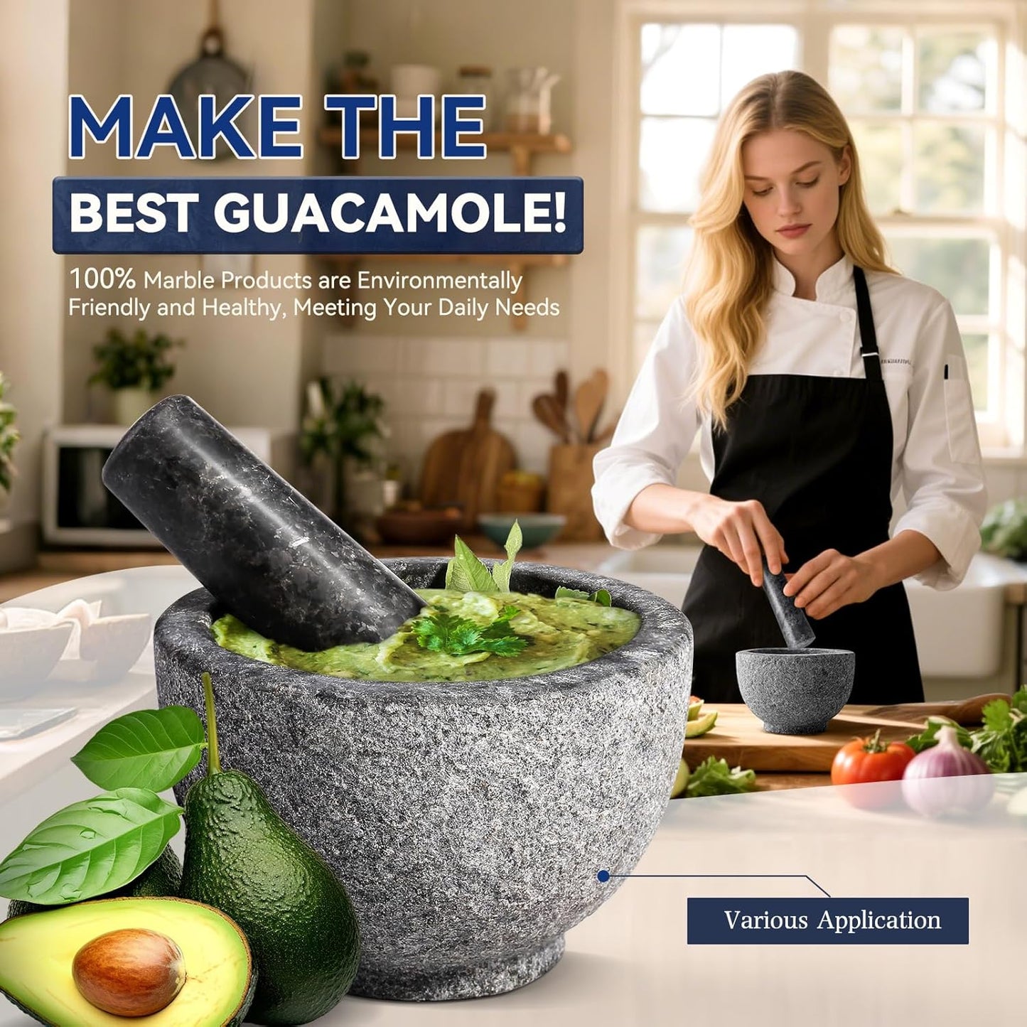 Koville African Natural Granite Mortar and Pestle Set, Grinder Bowl for Guacamole, Salsa, Pill Crusher, Spice, Herb, Garlic, Nut, Heavy Duty Grinder for Kitchen (Sandblasted Finish)